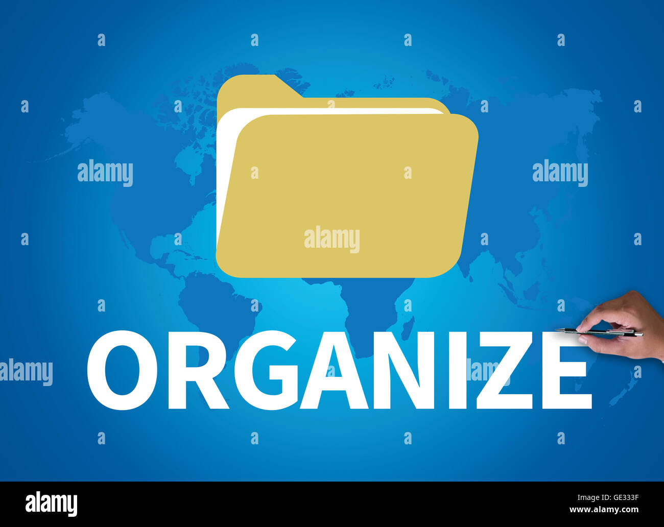 Organizzare il lavoro imprenditore su bianco ampio, vista dall'alto Foto Stock