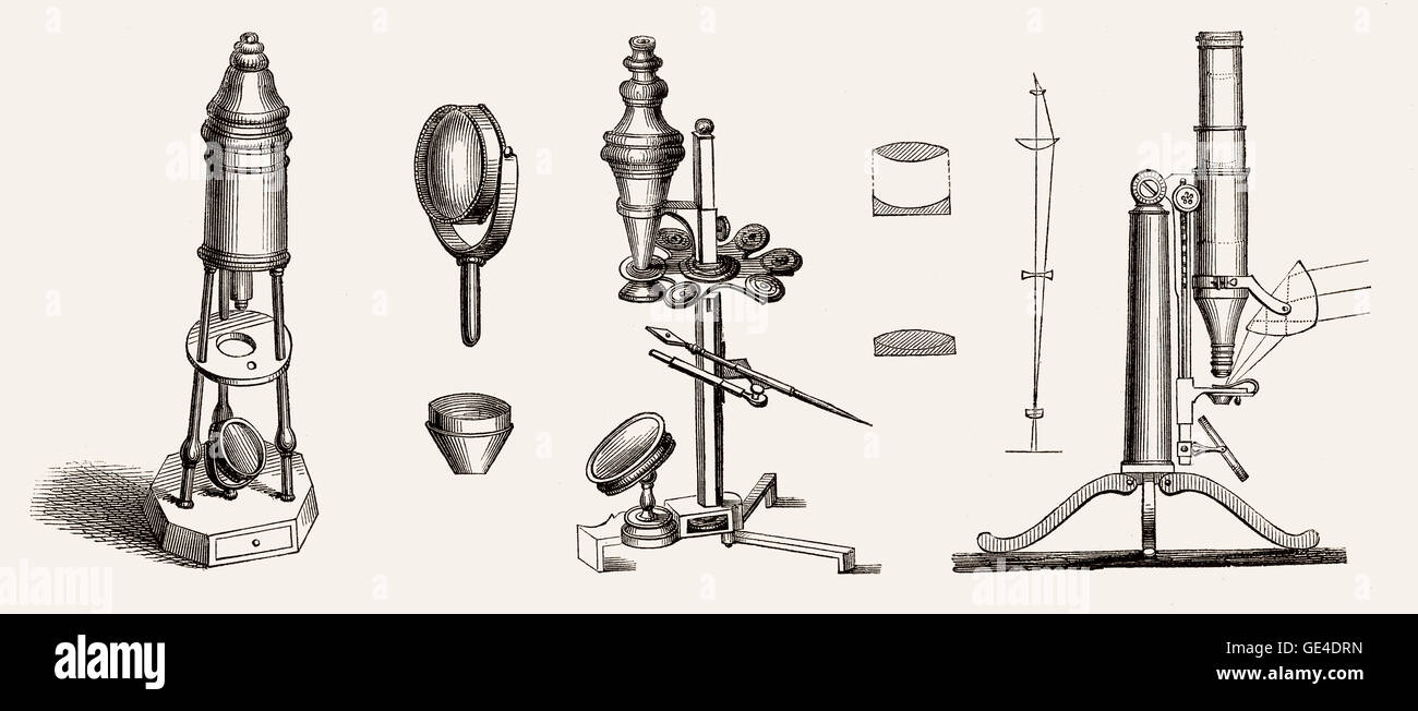 Vecchio microscopi da George Adams, Alexander François Selligue, del XVIII e del XIX secolo Foto Stock