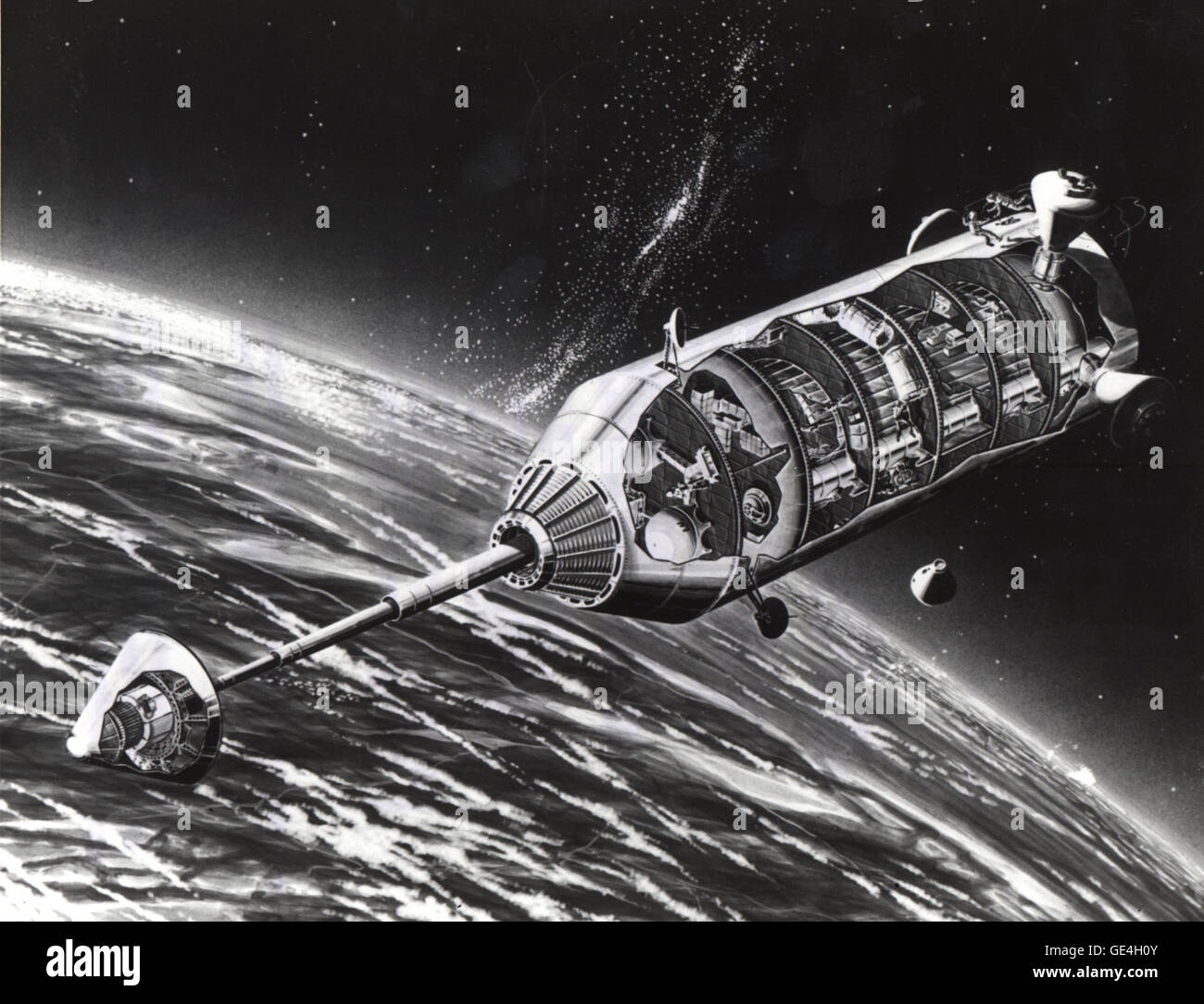 Questo disegno concettuale delinea una stazione spaziale progettata per l'assemblaggio in orbita, con un alimentatore nucleare SNAP-II e grandi moduli per abitazioni e operazioni. Il design della stazione enfatizza la sicurezza con componenti nucleari posizionati lontano dalle aree abitative. Foto Stock