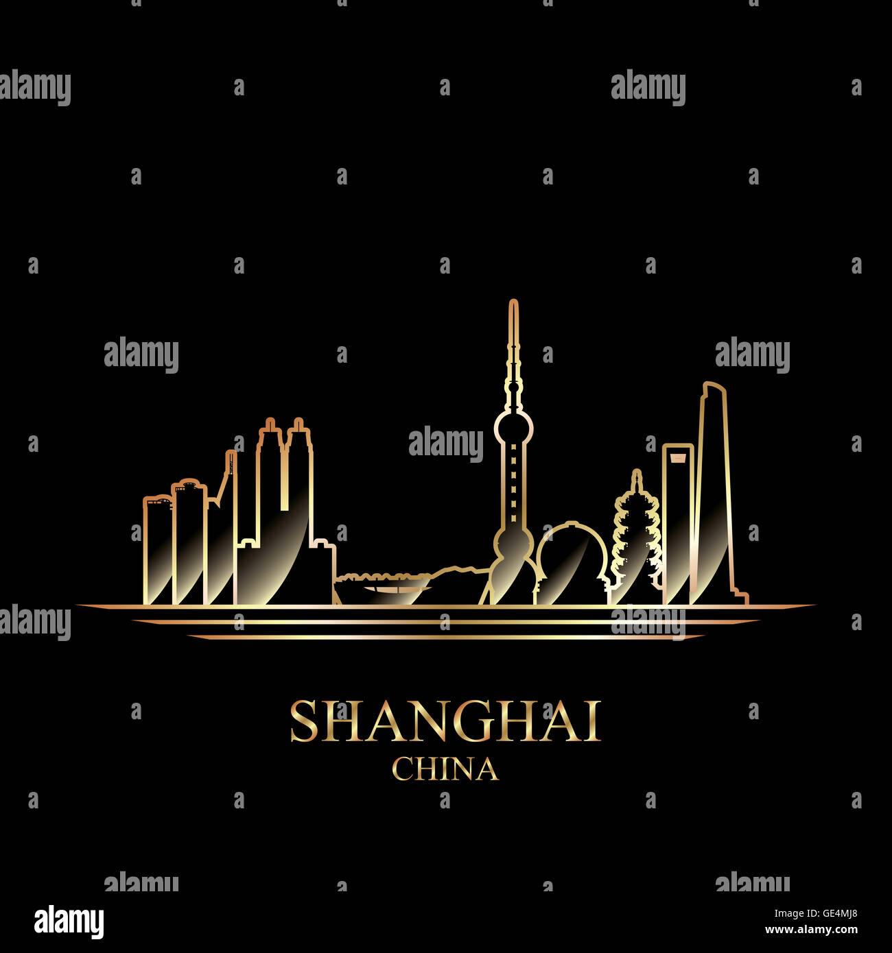 Silhouette di oro di Shanghai su sfondo nero Foto Stock