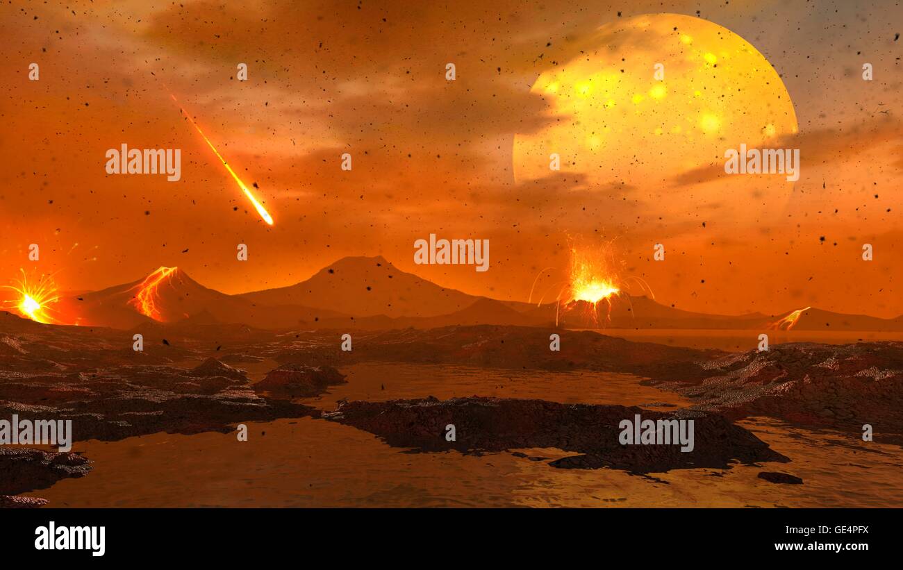 Un'animazione della primitiva Terra nel processo di formazione, più di quattro miliardi di anni fa. Riteniamo che il neonato world dalla sua superficie tormentata â€" un inferno di vulcani produca lava, fumo e cenere in atmosfera. Meteoriti cadono frequentemente, illuminando il nero, impietrito, rocce di superficie. E nel cielo la luna -- molto più vicino a noi e poi di quello che è ora -- sopporta un simile bombardamento. Foto Stock