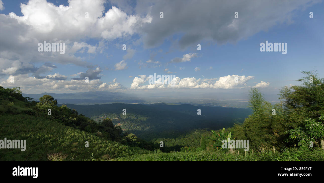 Area di erba, albero, mountain e nuvoloso cielo blu nella città di Chiangmai Thailandia Foto Stock