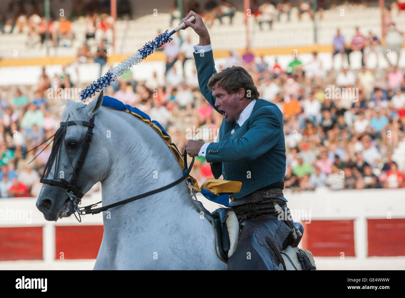 Linares, Spagna- agosto 31, 2011: torero spagnolo a cavallo Fermin Bohorquez corrida a cavallo, a Linares, Spagna Foto Stock