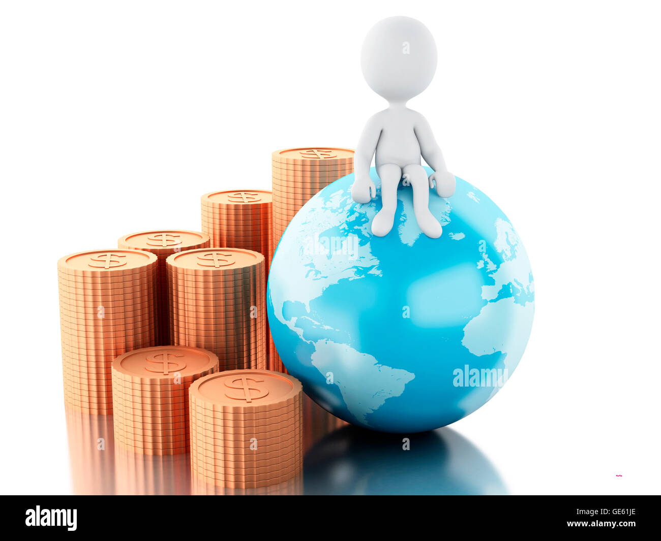 3D renderer immagine. Persone di colore bianco sulla parte superiore del globo con monete. Isolato sullo sfondo bianco. Foto Stock