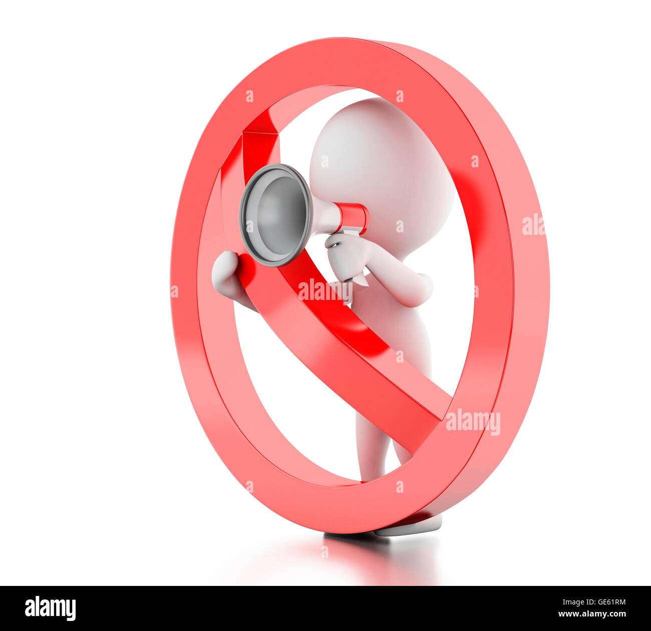 3D renderer immagine. La gente bianca con megafono circondato da un segno proibita. Isolato sullo sfondo bianco. Foto Stock