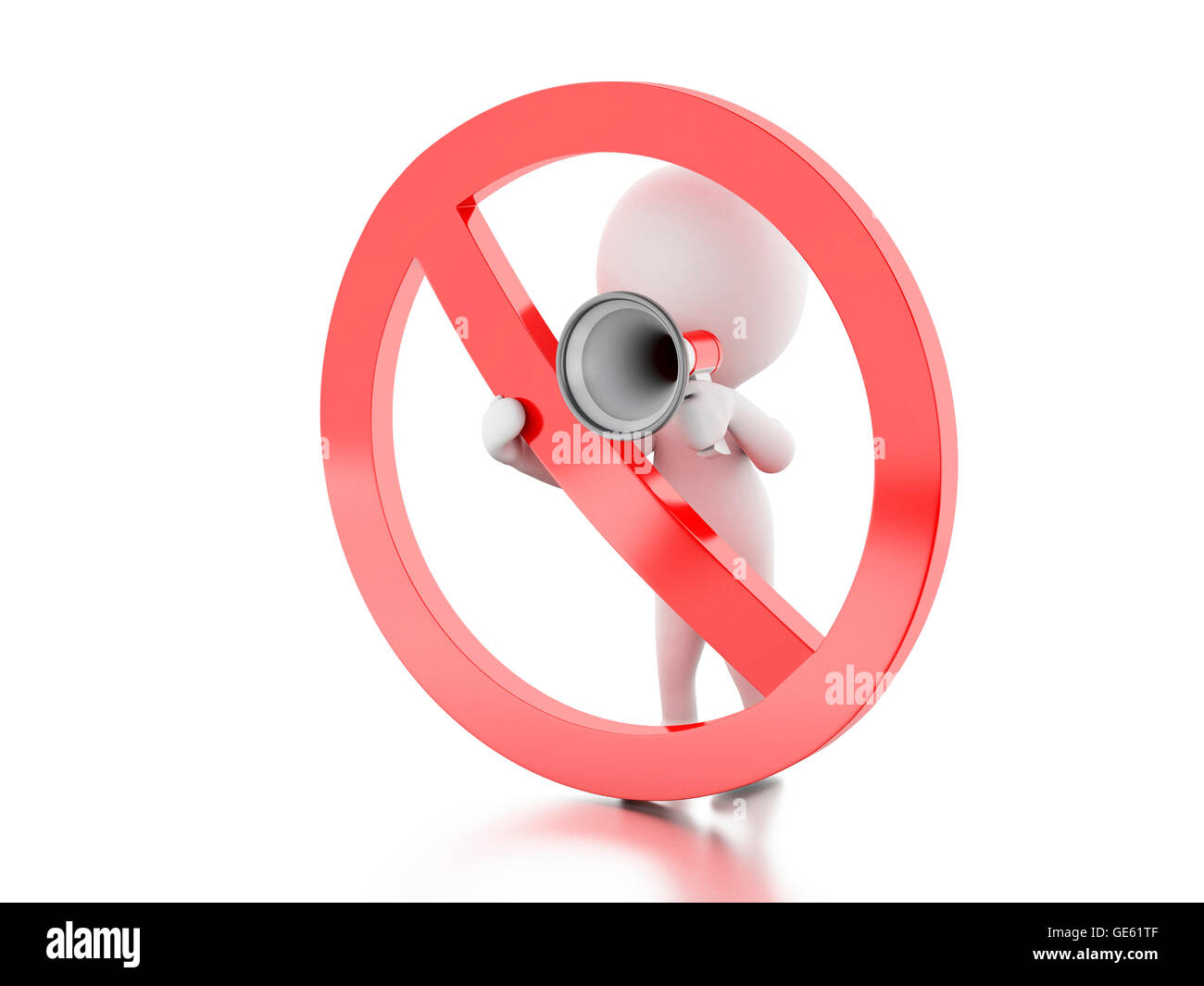 3D renderer immagine. La gente bianca con megafono circondato da un segno proibita. Isolato sullo sfondo bianco. Foto Stock