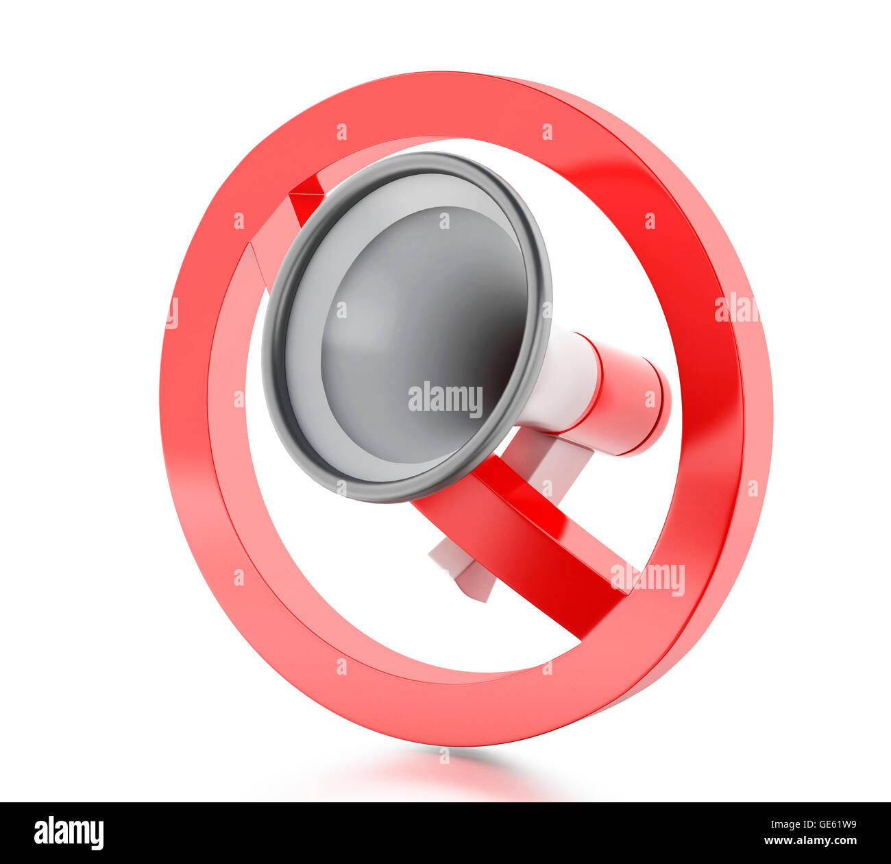 3D renderer immagine. Megafono circondato da un segno proibita. Isolato sullo sfondo bianco. Foto Stock