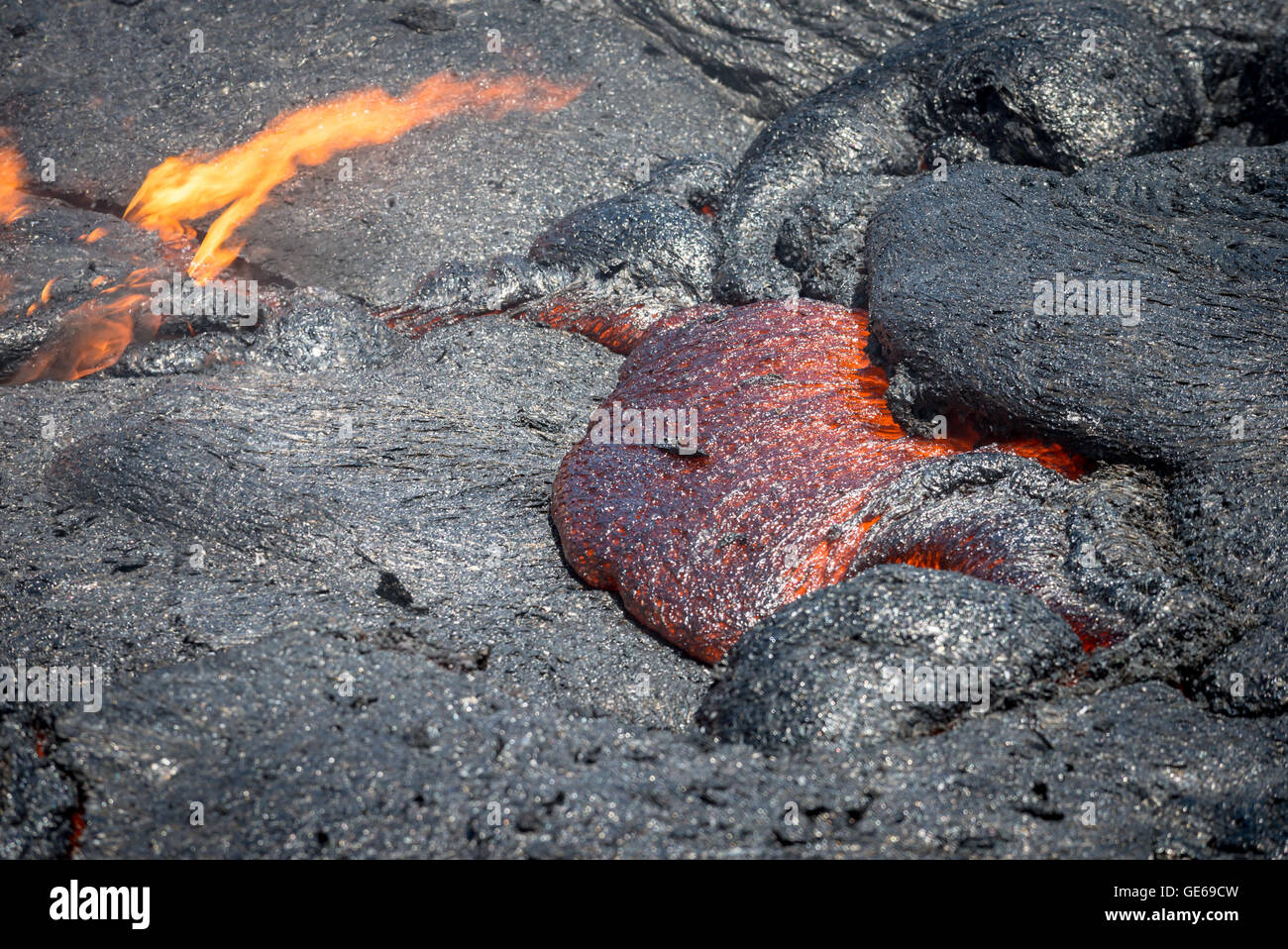 Il flusso di lava nel campo di lava, Parco Nazionale dei Vulcani delle Hawaii Foto Stock