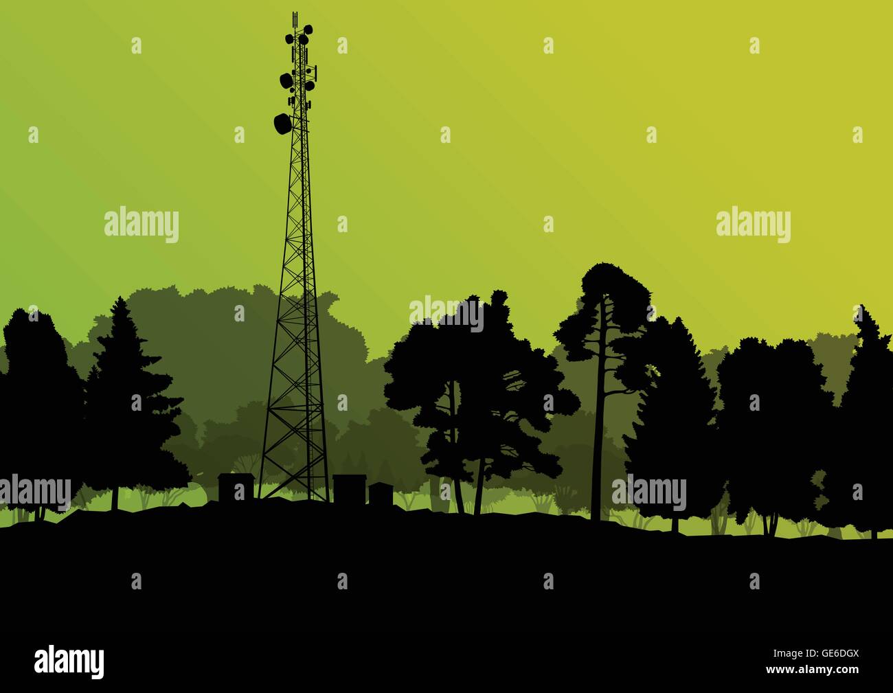 Telecomunicazioni Telefono mobile la radio della stazione base torre con ingegneri industriali nel concetto di vettore di sfondo Illustrazione Vettoriale