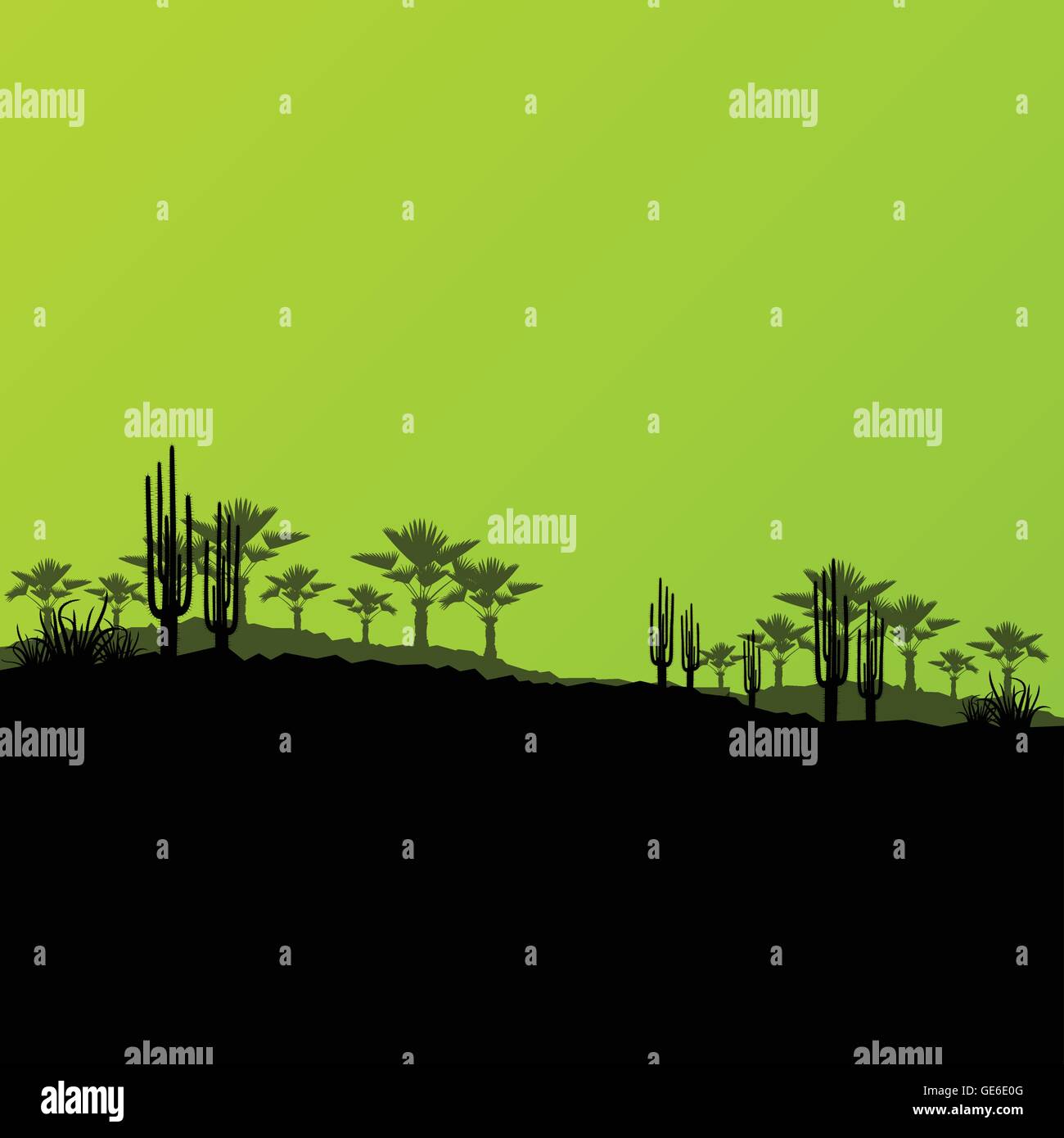 Deserto di natura selvaggia ecologia paesaggi con cactus e Palm tree piante illustrazione vettore di fondo Illustrazione Vettoriale