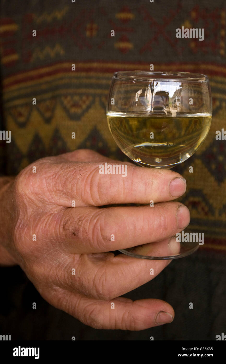 Enologo Daniel Jarry tiene un bicchiere di propria produzione in Vouvray, Francia, 26 giugno 2008. Foto Stock