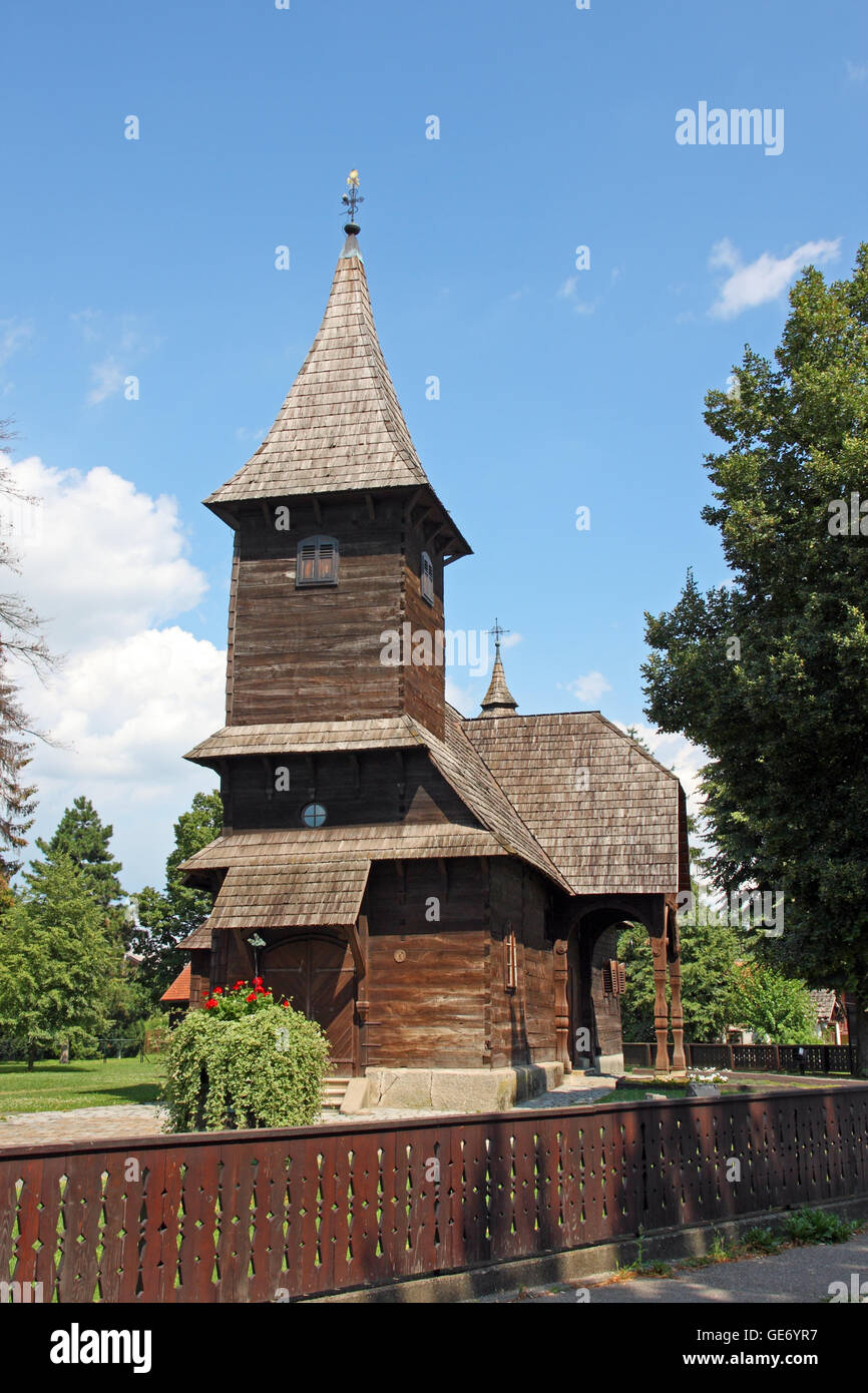 La cappella di Santa Barbara, Velika Mlaka, è un esempio del folk di legno architettura sacrale del barocco in Croazia Foto Stock