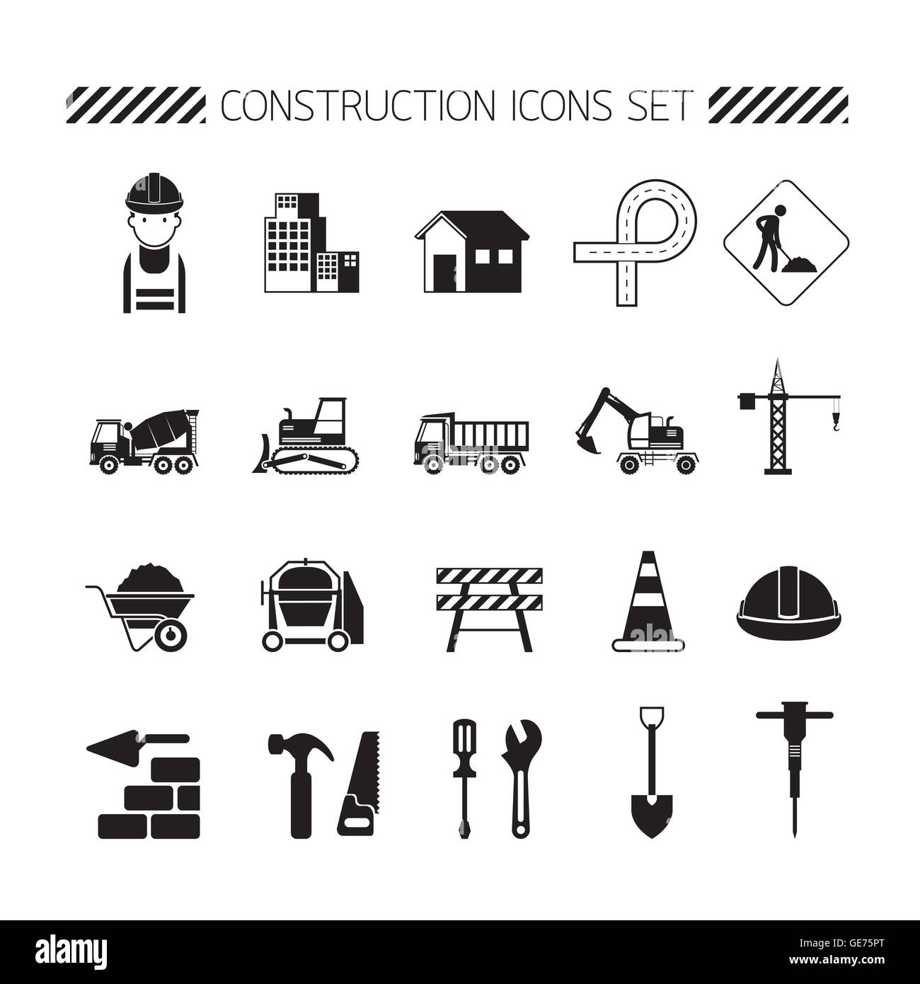 Gli oggetti di costruzione Silhouette set di icone, in bianco e nero, monocromatiche, lavoratore, attrezzature, veicoli, Illustrazione Vettoriale