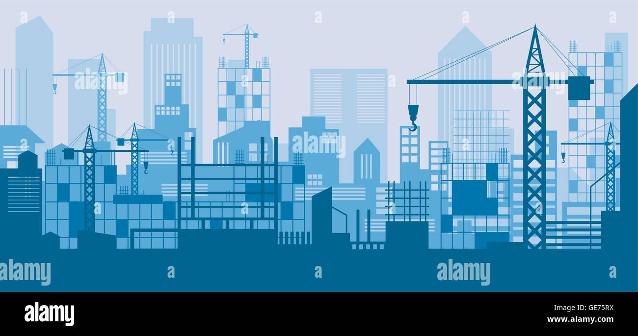 Costruzione Skyline, scena, sfondo blu, sito, città Urban, Facility Illustrazione Vettoriale