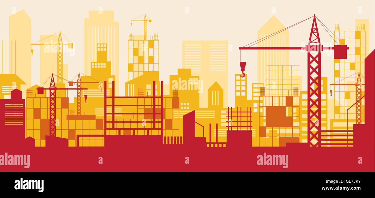 Costruzione Skyline, scena, sfondo rosso, sito, città Urban, Facility Illustrazione Vettoriale