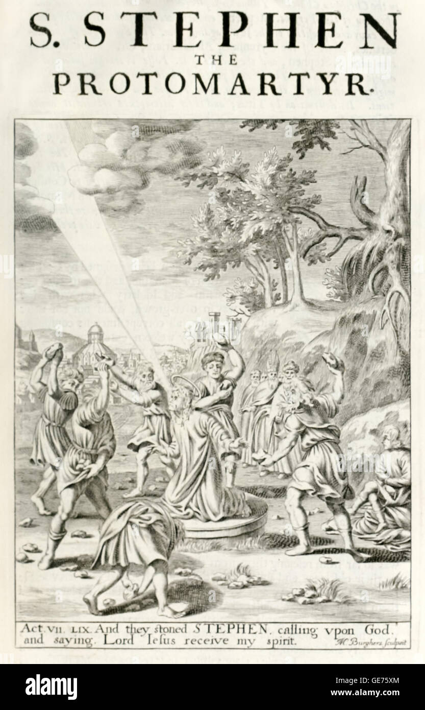 Santo Stefano protomartire (morto 34AD) un diacono nella Chiesa antica di Gerusalemme e il primo martire del cristianesimo accusato di blasfemia, qui mostrato di essere lapidati a morte. Foto Stock