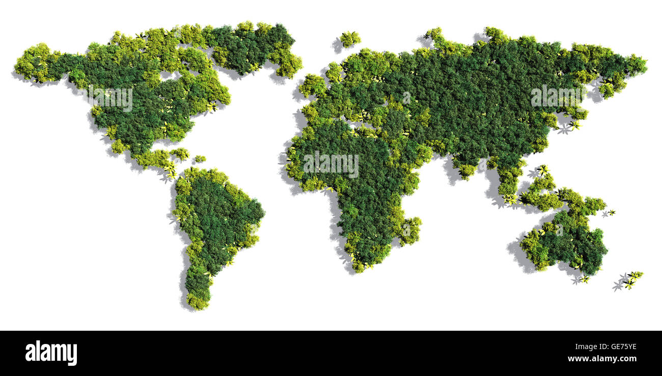 Mappa mondiale costituita da vari alberi dettagliata su un solido sfondo bianco comprese le ombre Foto Stock