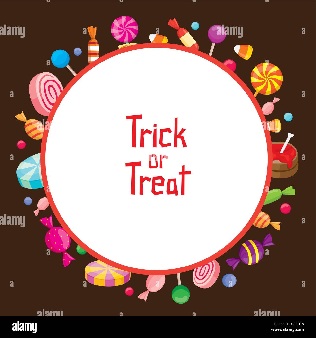 Halloween Candy con Dolcetto o Scherzetto sul telaio rotondo, Mistero, cultura, vacanze, ad alto contenuto calorico cibo, Ottobre, fantasia Illustrazione Vettoriale