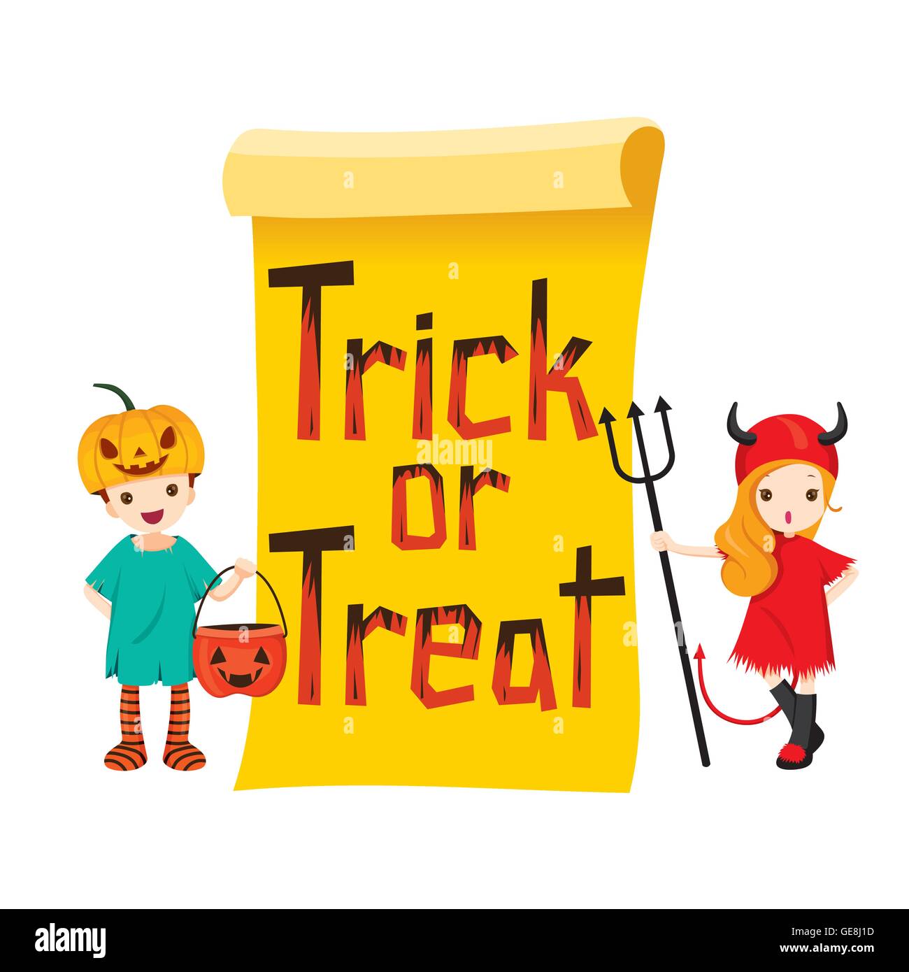 I bambini in Costume di Halloween con banner, vacanze, cultura, travestimento, ornati, fantasia, Festa Notturna Illustrazione Vettoriale