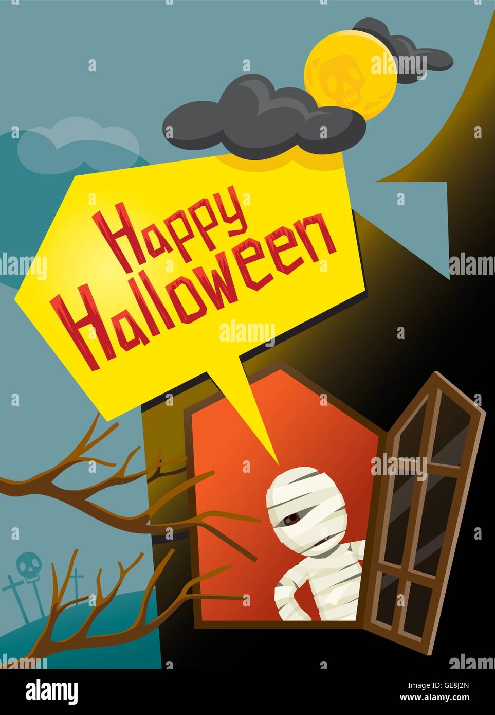 Halloween mummia e finestra, Mistero, vacanze, cultura, Ottobre, decorazione, fantasia, Festa Notturna Illustrazione Vettoriale