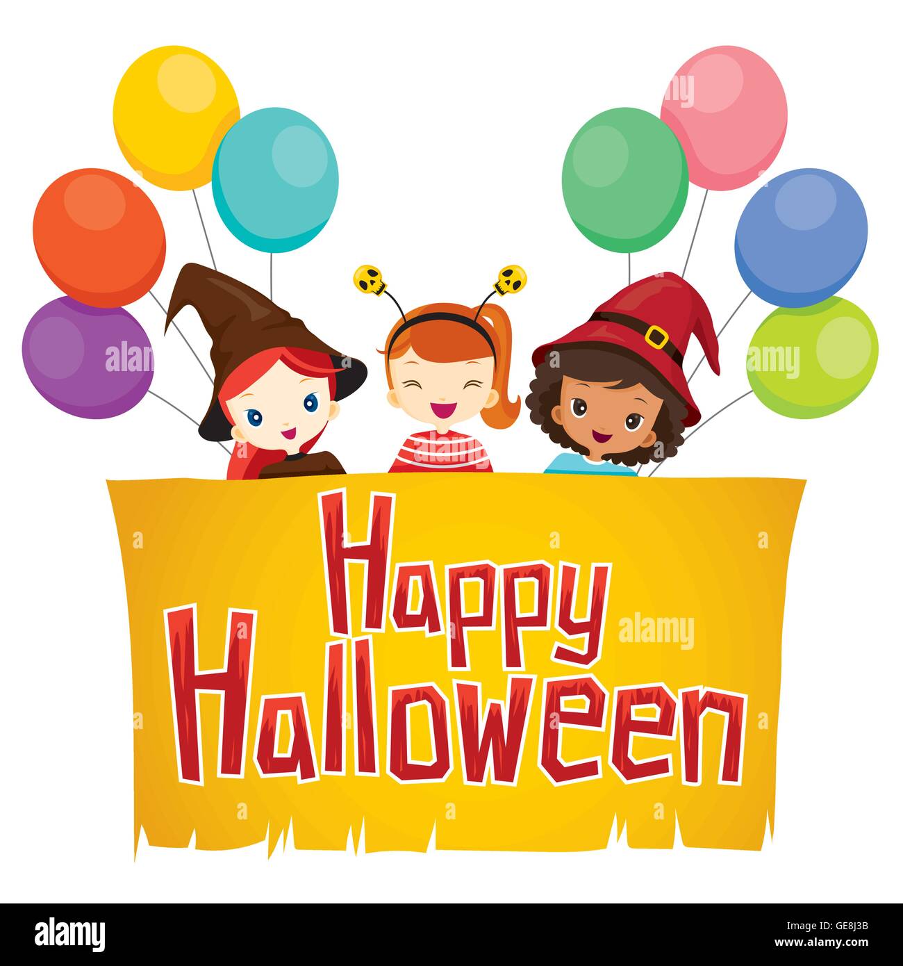 Ragazze con happy Halloween Banner, Mistero, vacanze, cultura, Ottobre, decorazione, fantasia, Festa Notturna Illustrazione Vettoriale