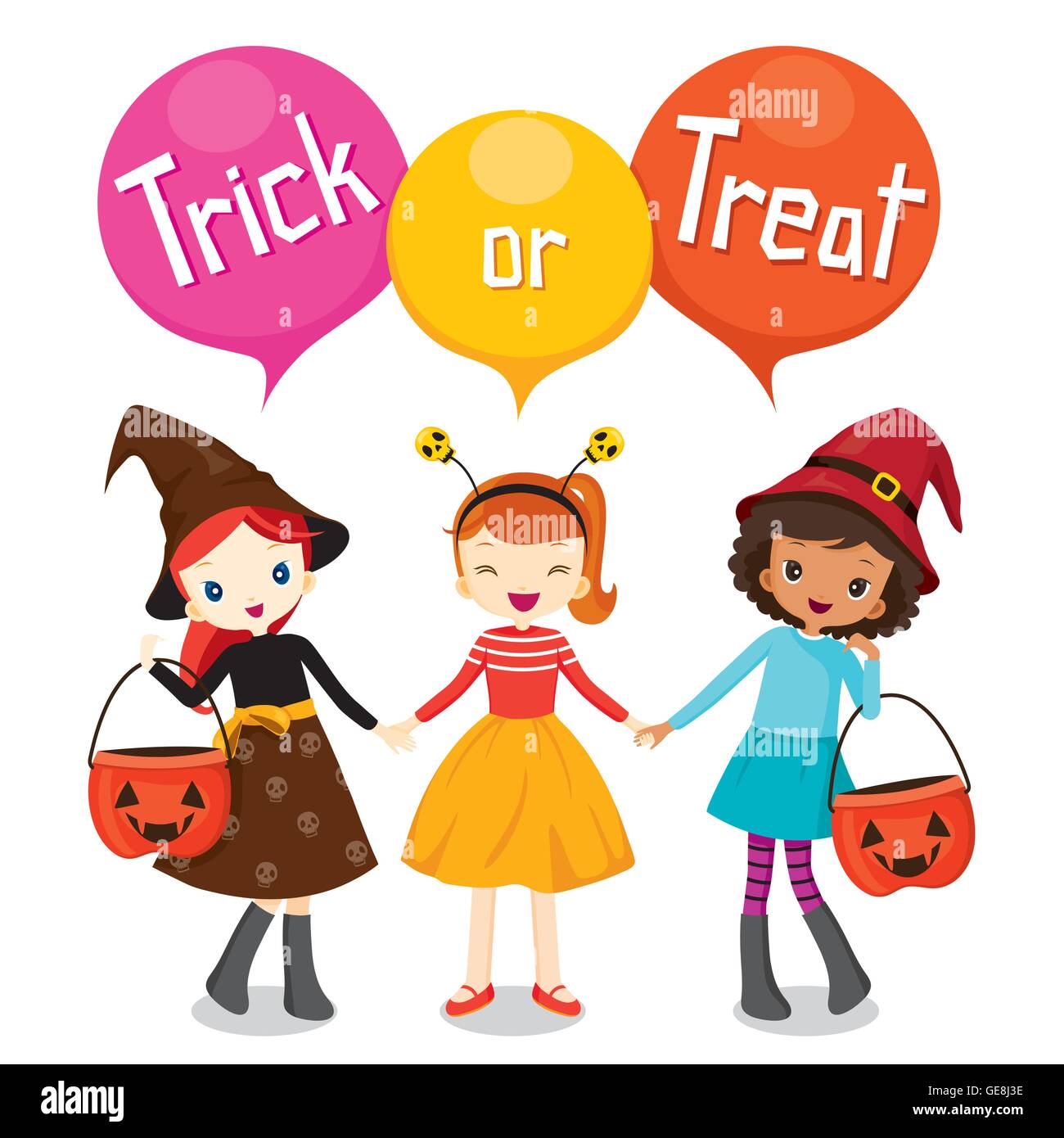 Zucca di Halloween benna e ragazze Holding Hands, Mistero, vacanze, cultura, Ottobre, decorazione, fantasia, Festa Notturna Illustrazione Vettoriale