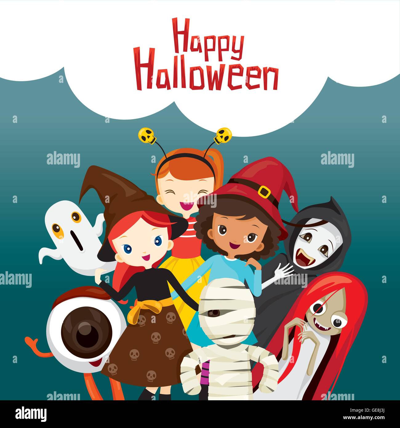 Fantasmi di Halloween e i bambini, Mistero, vacanze, cultura, Ottobre, decorazione, fantasia, Festa Notturna Illustrazione Vettoriale