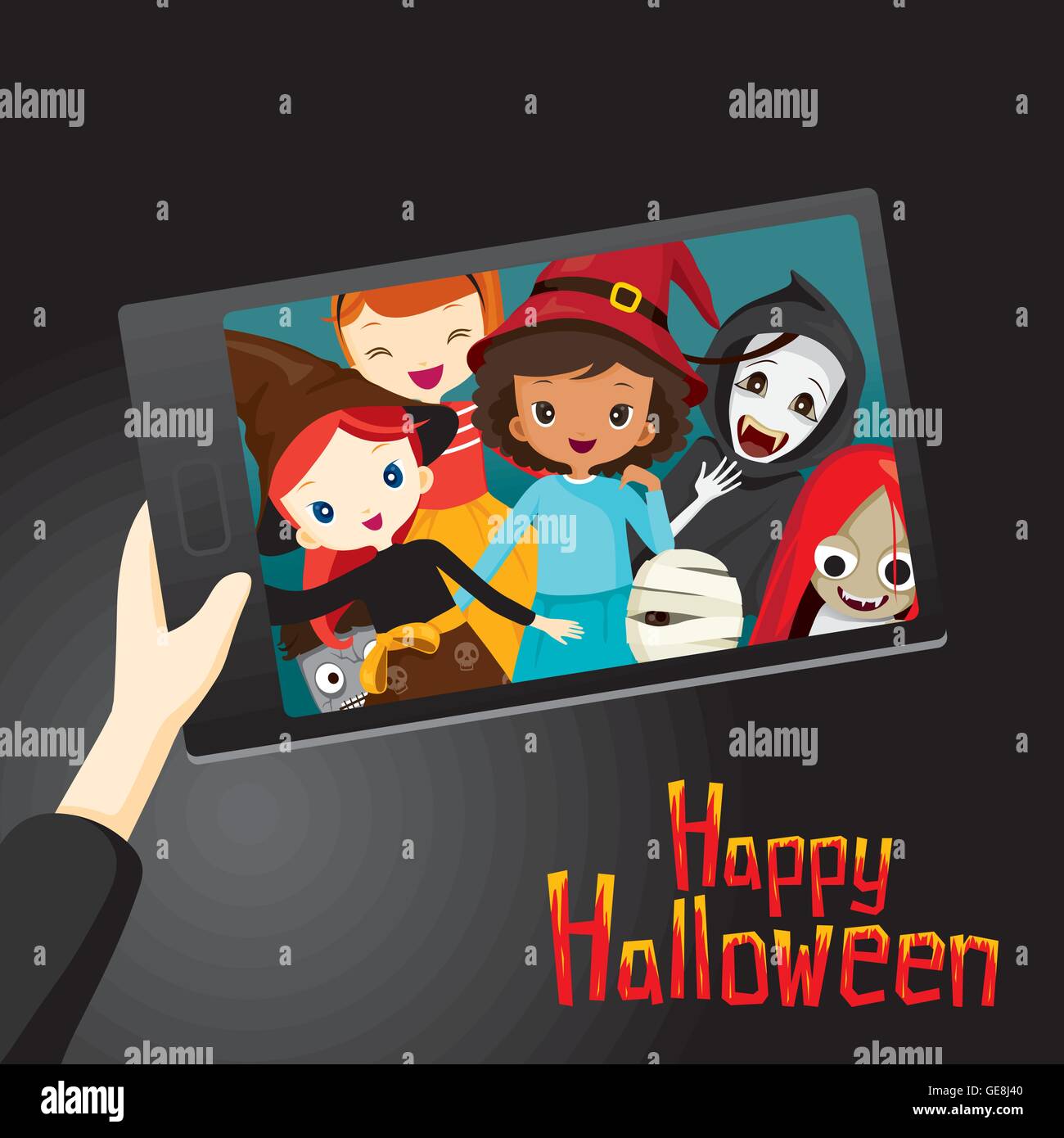 Fantasmi di Halloween e i bambini Selfie, Mistero, vacanze, cultura, Ottobre, decorazione, fantasia, Festa Notturna Illustrazione Vettoriale