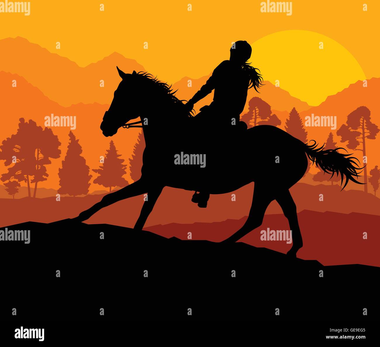 Cavallo con cavaliere paesaggio di campagna sport equestri vettore concetto di sfondo Illustrazione Vettoriale