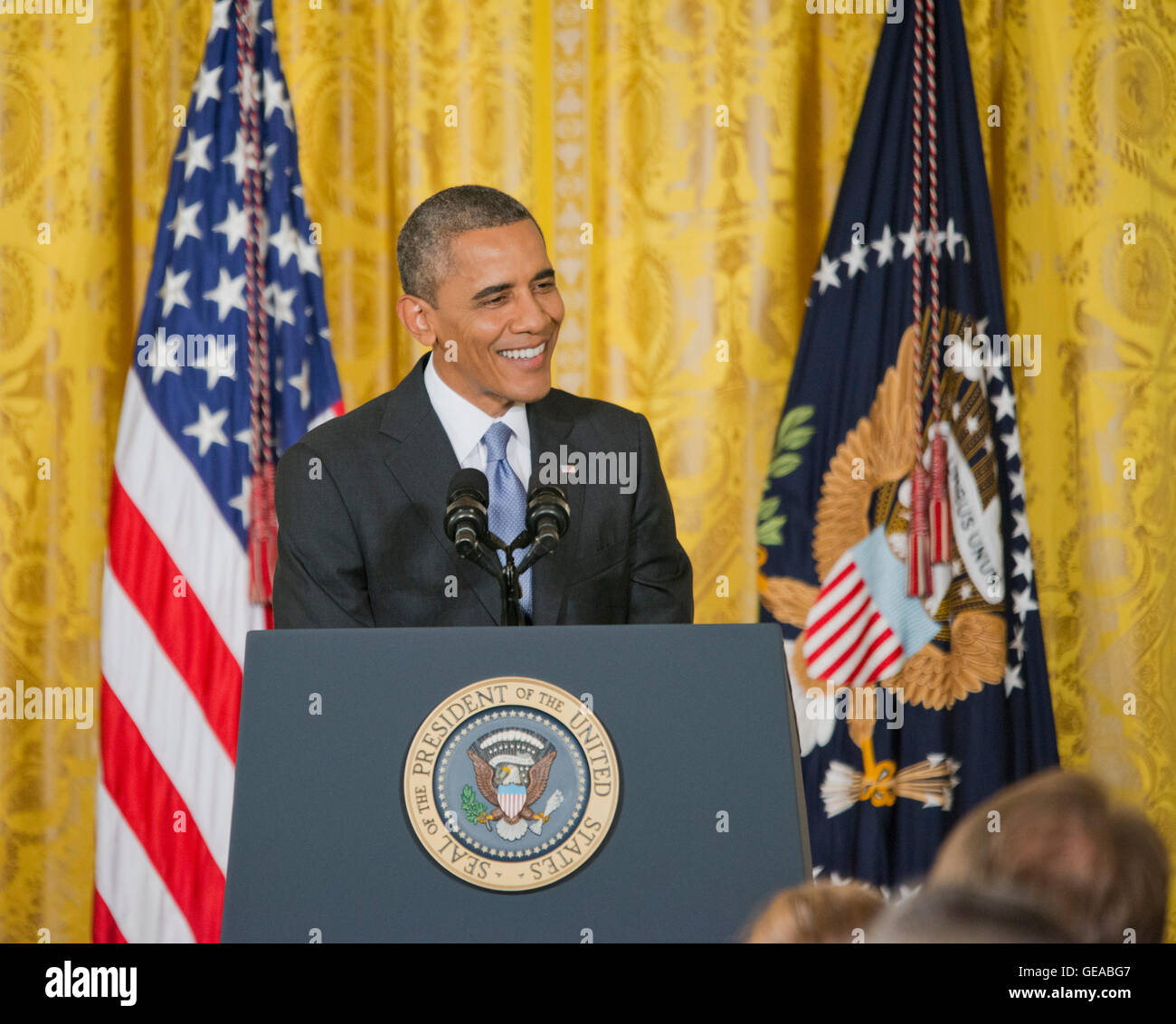 Washington, DC agosto 9.2013--il presidente Obama tiene una conferenza stampa nella Sala Est della Casa Bianca. Egli ha annunciato piani per rendere la National Security Agency (NSA) più trasparente. Lynch / MediaPunch Foto Stock