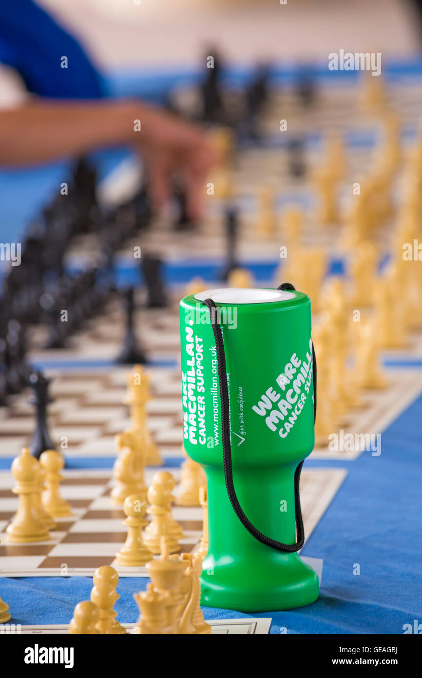 Bournemouth Dorset, Regno Unito. Il 24 luglio 2016. Meri di scacchi simultanea esposizione in Bournemouth con meri Grigoryan, una donna FIDE Maestro che è a ovest di Londra a scacchi membro del Club e un ECF Accredited Coach. Meri riproduce fino a 15 giocatori in un momento, la raccolta di fondi per la Macmillan Cancer Support Credit: Carolyn Jenkins/Alamy Live News Foto Stock