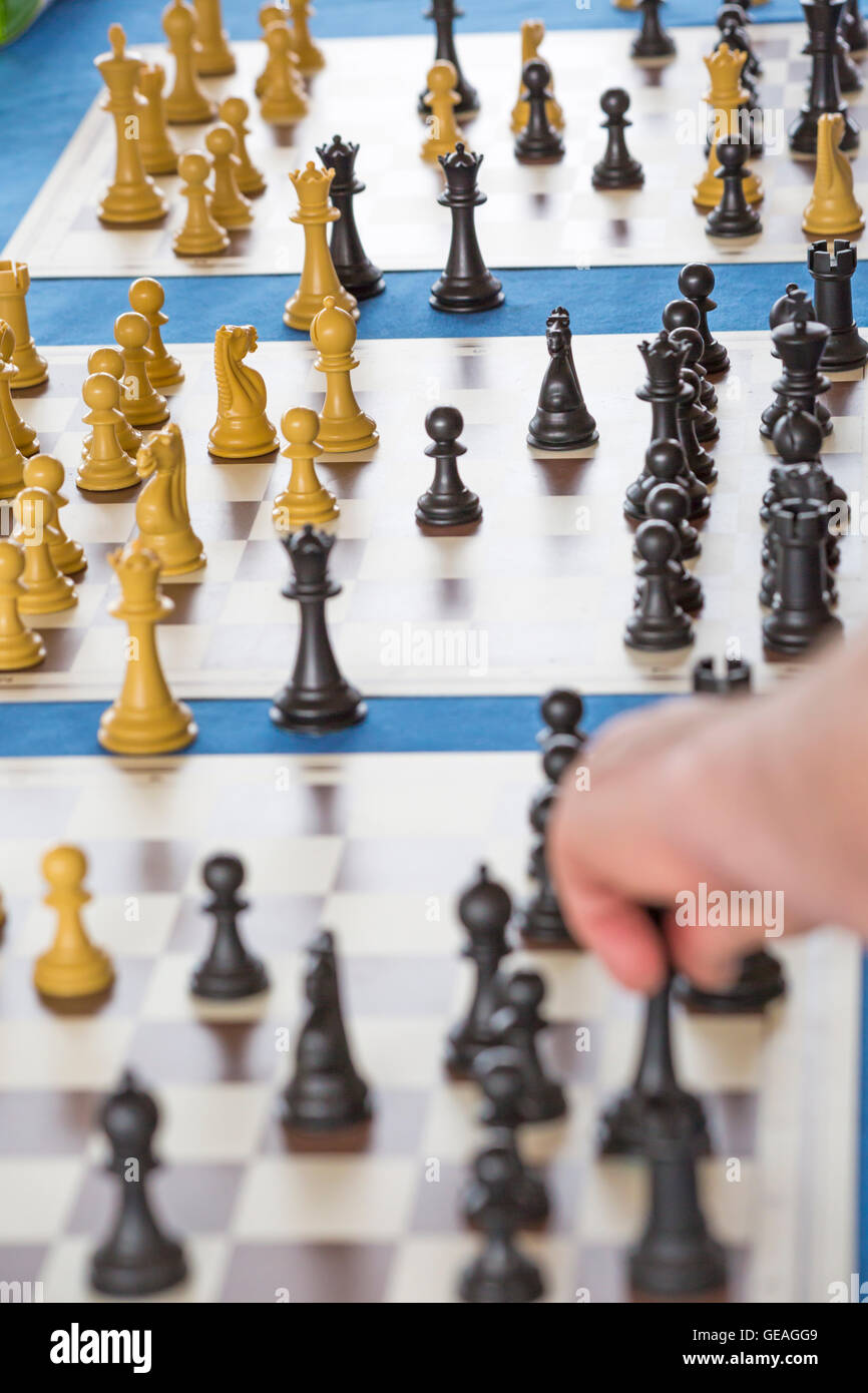 Bournemouth Dorset, Regno Unito. Il 24 luglio 2016. Meri di scacchi simultanea esposizione in Bournemouth con meri Grigoryan, una donna FIDE Maestro che è a ovest di Londra a scacchi membro del Club e un ECF Accredited Coach. Meri riproduce fino a 15 giocatori in un momento, la raccolta di fondi per la Macmillan Cancer Support Credit: Carolyn Jenkins/Alamy Live News Foto Stock