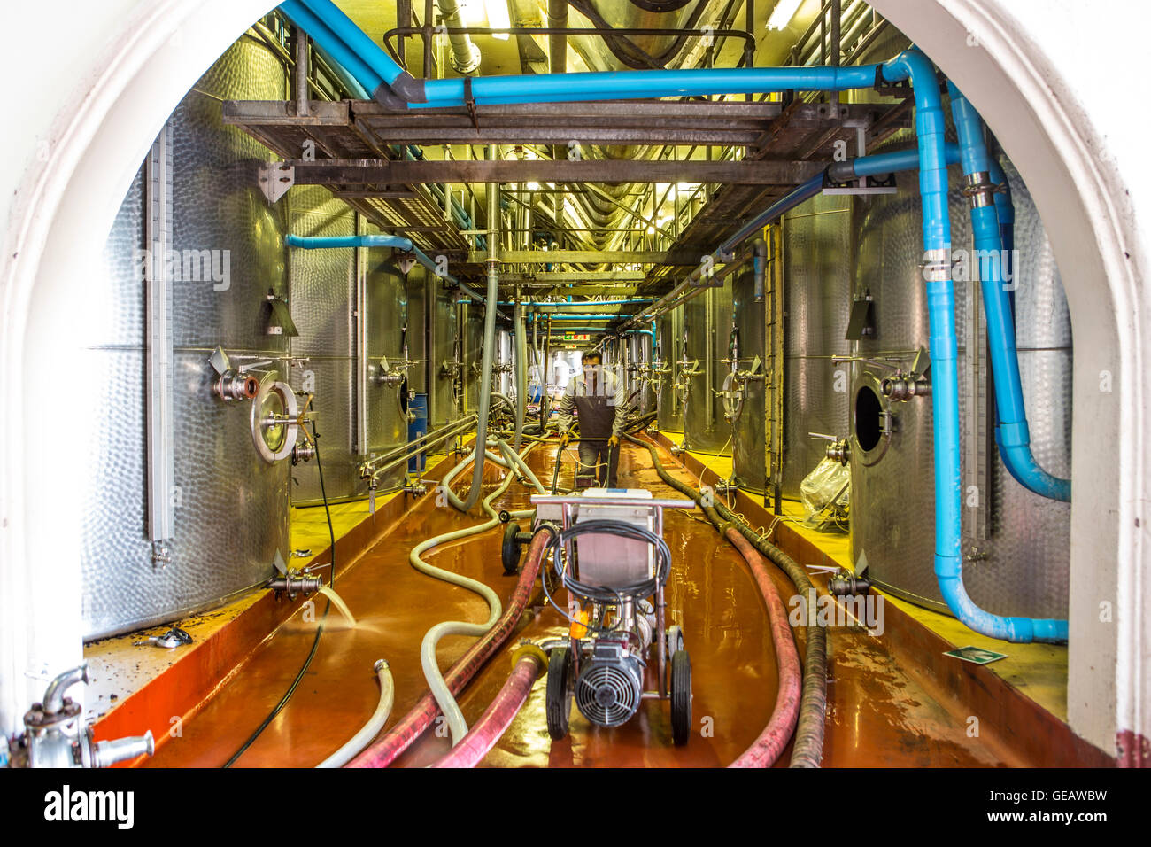 Lavoratore il controllo di serbatoi in acciaio inox per industria alimentare Foto Stock