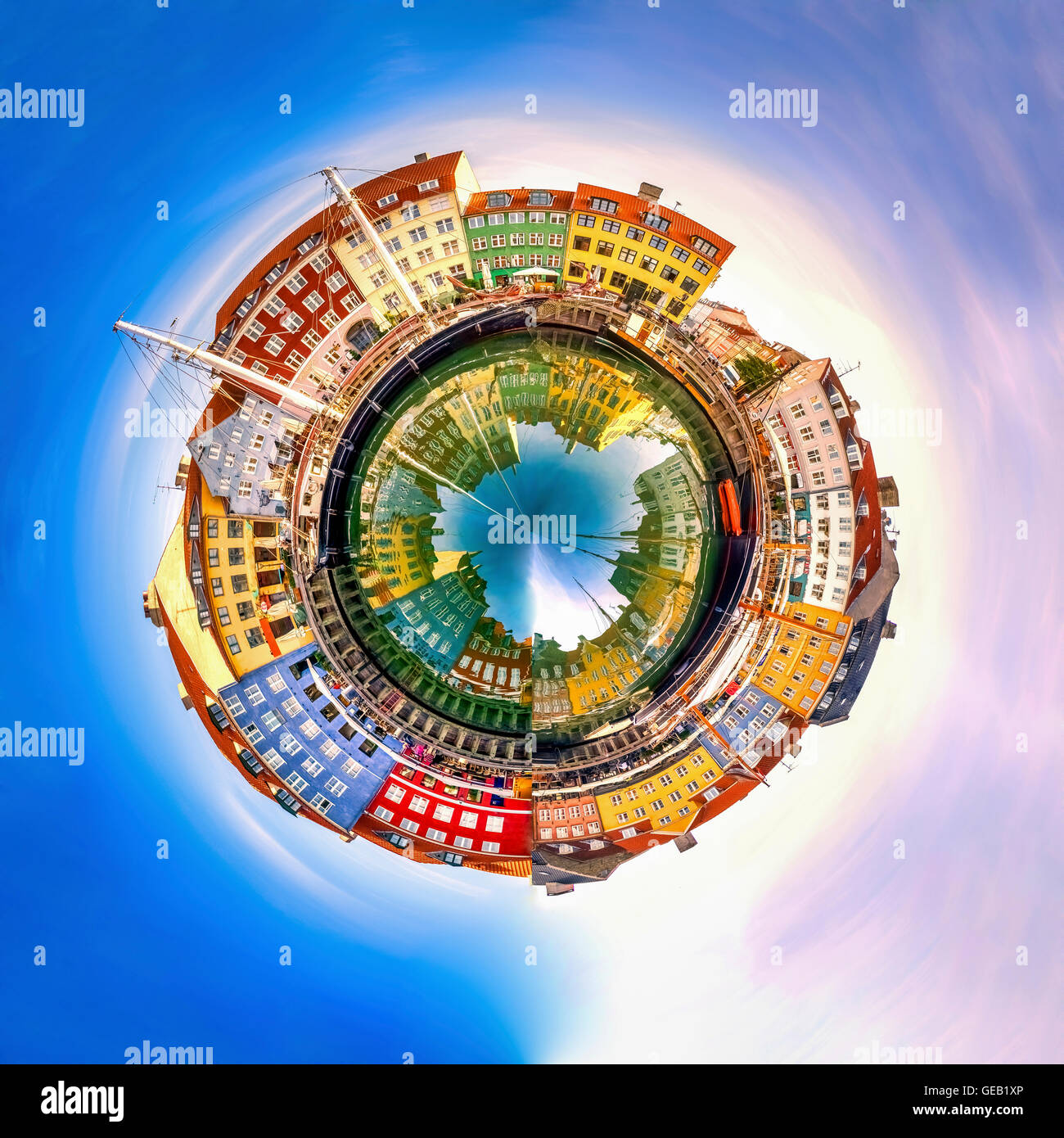 Danimarca Copenhagen Nyhavn, panorama sferica Foto Stock