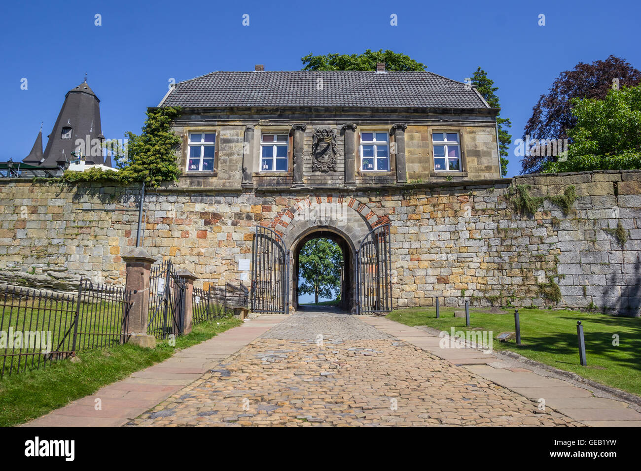 Ingresso casa della collina del castello in Bad Bentheim, Germania Foto Stock