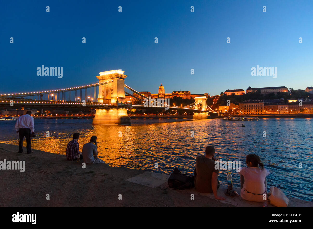Budapest: il Danubio, il Ponte della Catena, il Castello di Buda, Ungheria, Budapest, Foto Stock