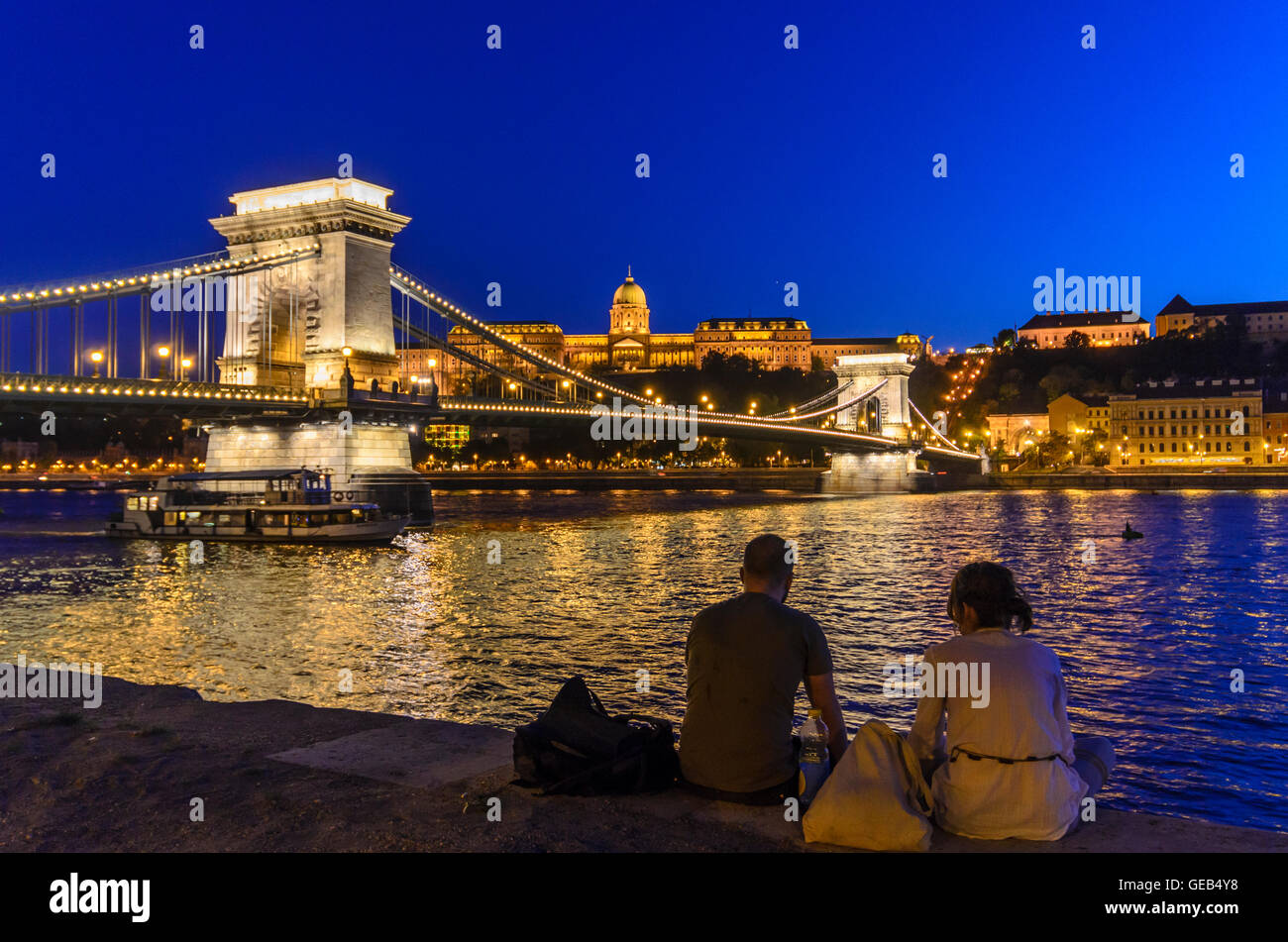 Budapest: il Danubio, il Ponte della Catena, il Castello di Buda, Ungheria, Budapest, Foto Stock