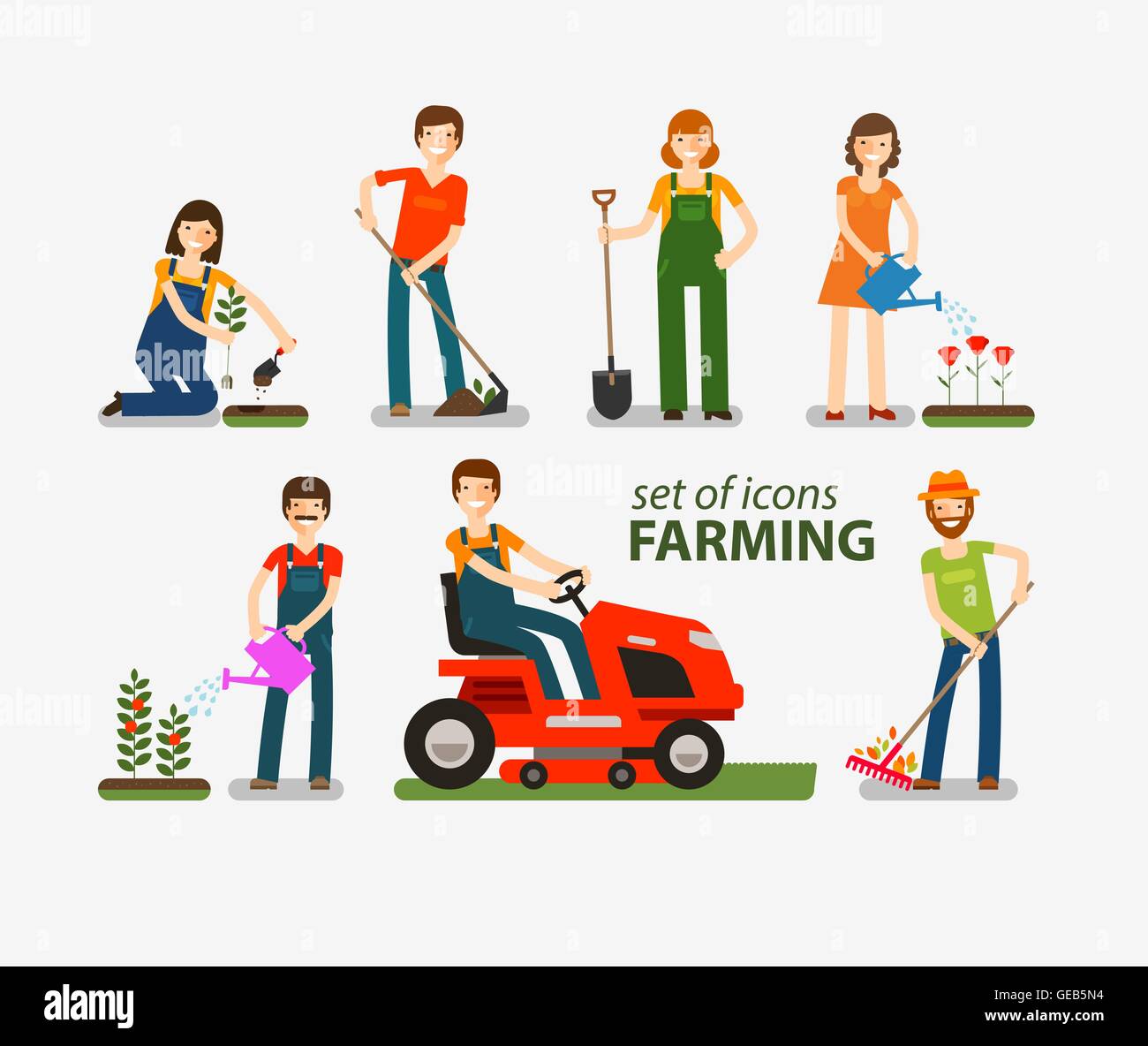 Agricoltura e Giardinaggio set di icone. Le persone al lavoro in azienda. Illustrazione Vettoriale Illustrazione Vettoriale