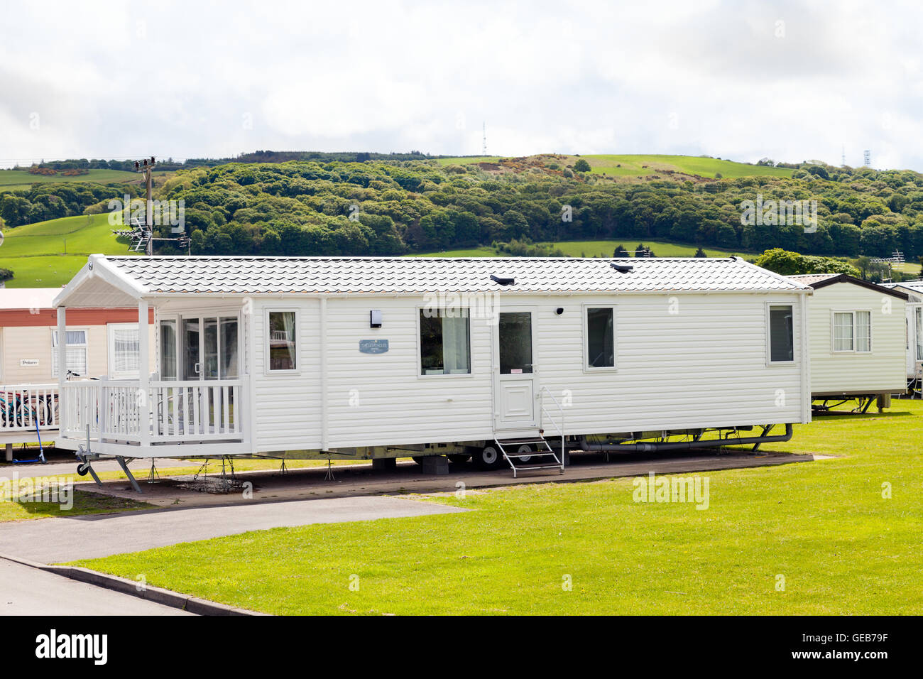 Static caravan park. Presthaven Sands, Gronant, il Galles del Nord. Foto Stock
