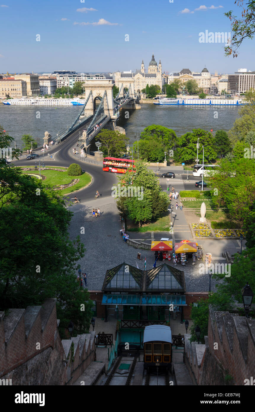 Budapest: Funicolare Siklo parco del Castello , il Ponte delle catene sul Danubio e la Basilica di Santo Stefano, Ungheria, Budapest, Foto Stock