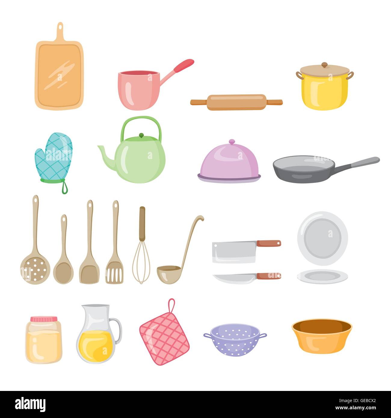 Attrezzature di cucina set di icone, stoviglie, vasellame, cottura, alimentari, panetteria, Stile di vita Illustrazione Vettoriale