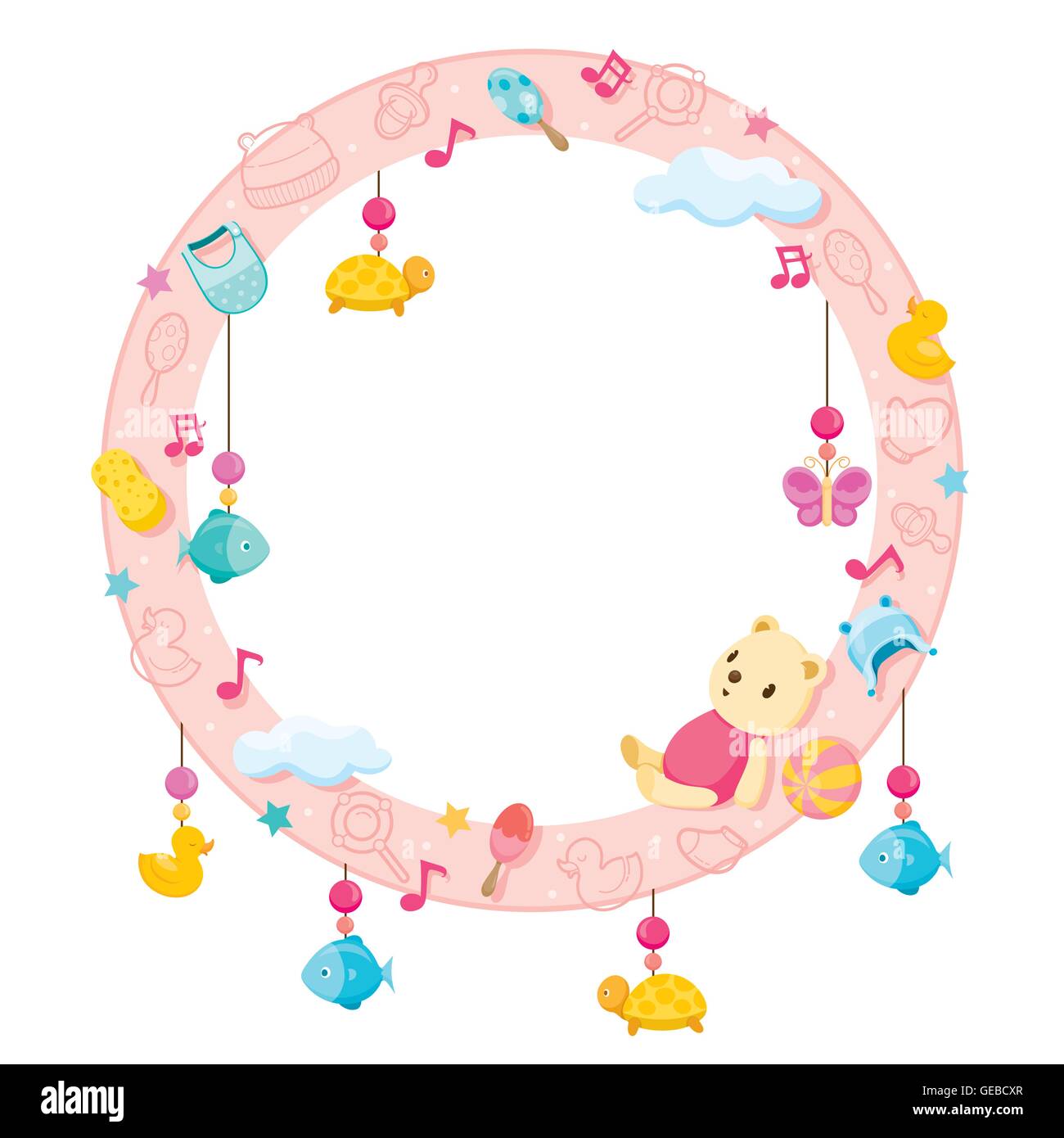 Icone di bambino oggetti sulla cornice rotonda, accessori, telaio, oggetti appesi Illustrazione Vettoriale