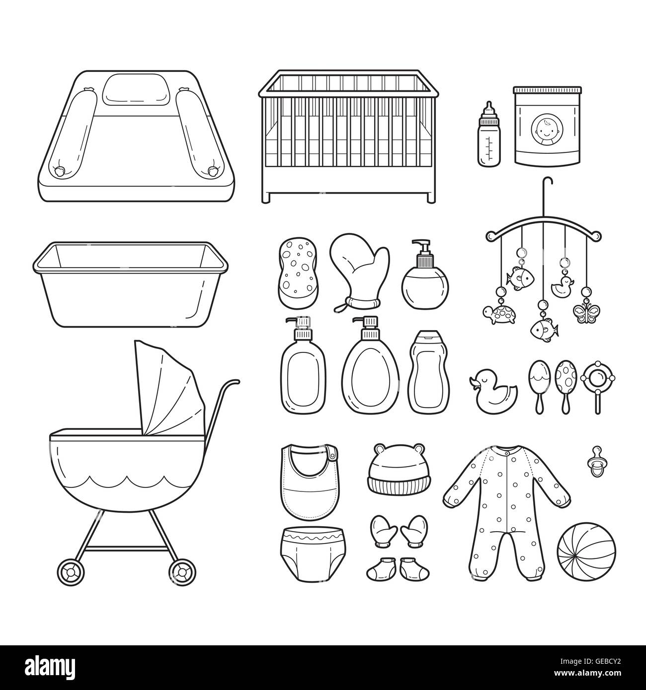 Baby Set di icone, contorno icone, icone, accessori, oggetti, infantile Illustrazione Vettoriale