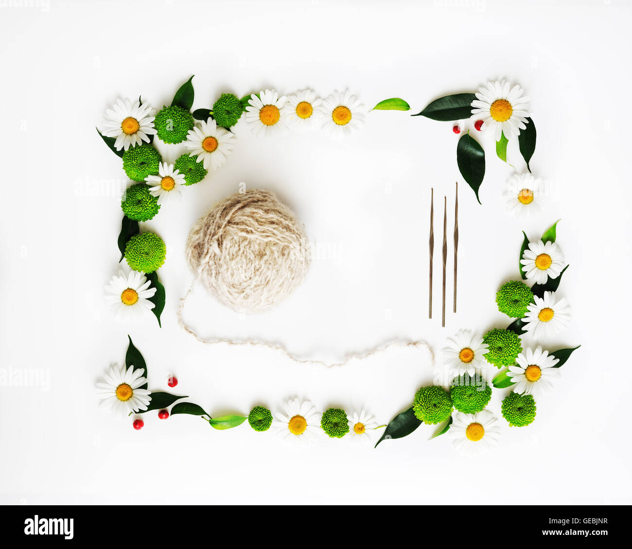 Matassa di lana e di ganci maglia con decorazioni di fiori di crisantemo e ficus foglie su sfondo bianco. Vista aerea. F Foto Stock