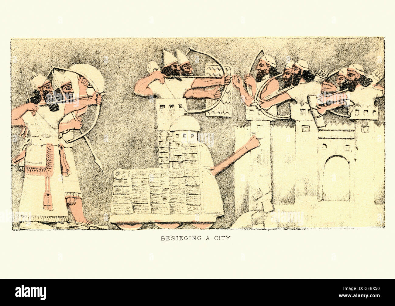 Antica Assiri assediava la città, con arcieri, assedio torri e ariete Foto Stock