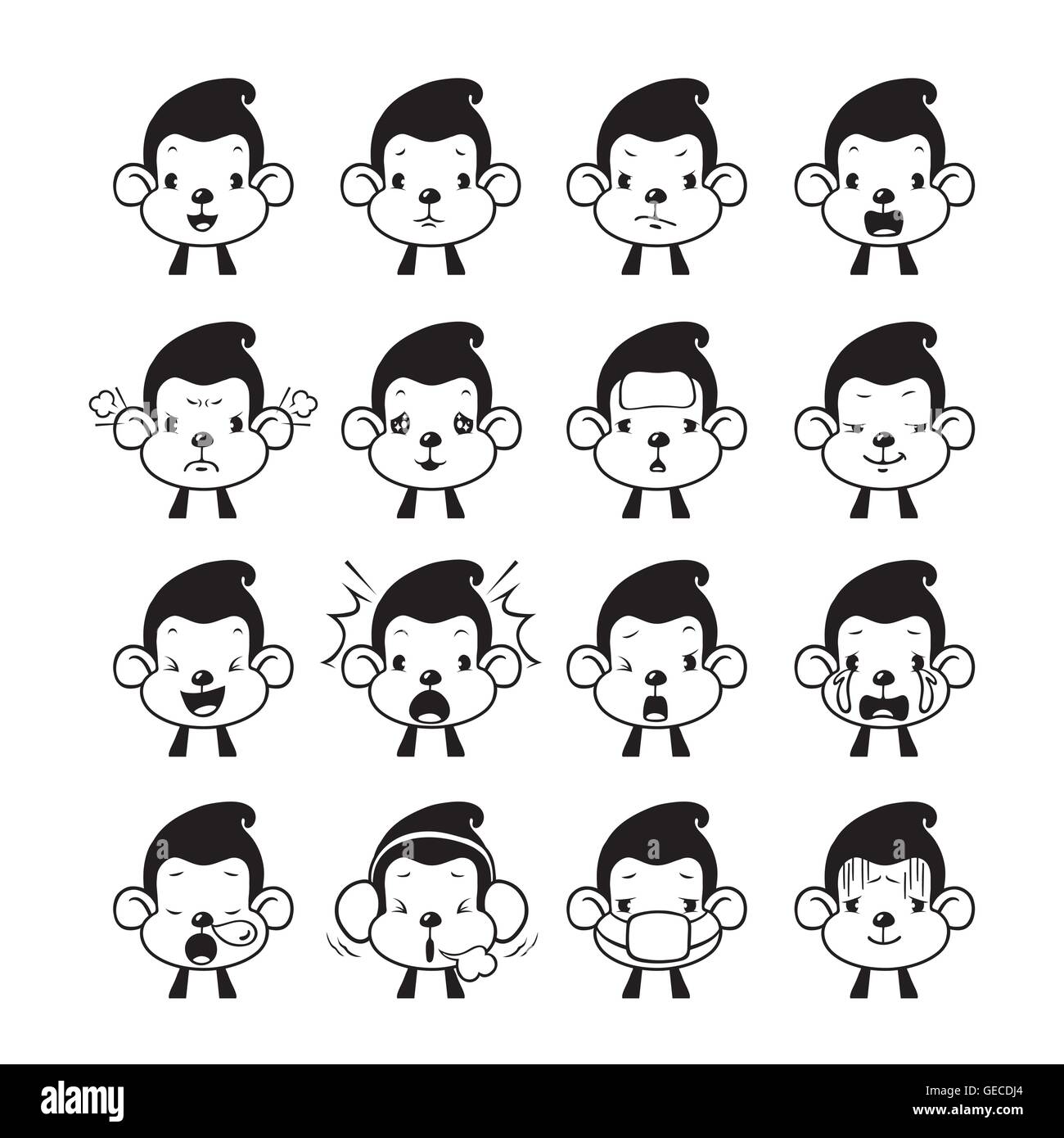 Monkey emoticon insieme, monocromatica, animale, gli Emoji, espressione facciale, Face, sensazione, umore, simbolo Illustrazione Vettoriale
