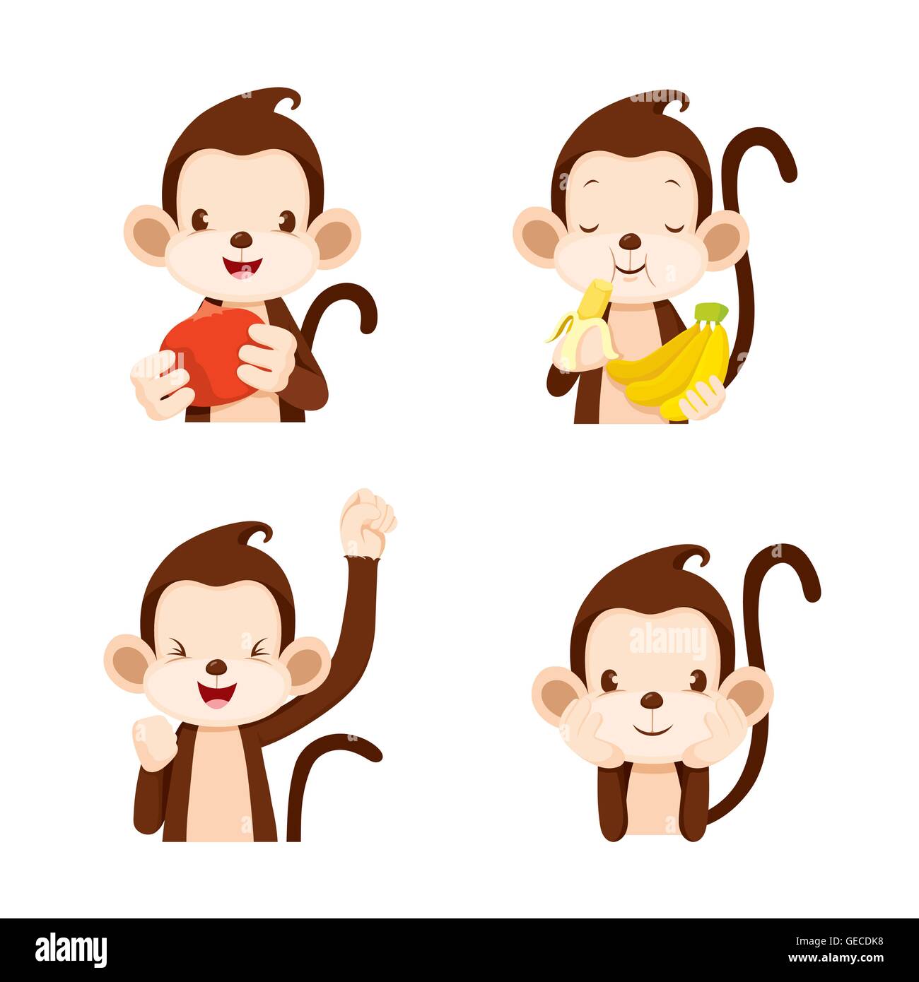 Monkey azioni impostate, animale, azione, mangiare cibo, oggetti Illustrazione Vettoriale