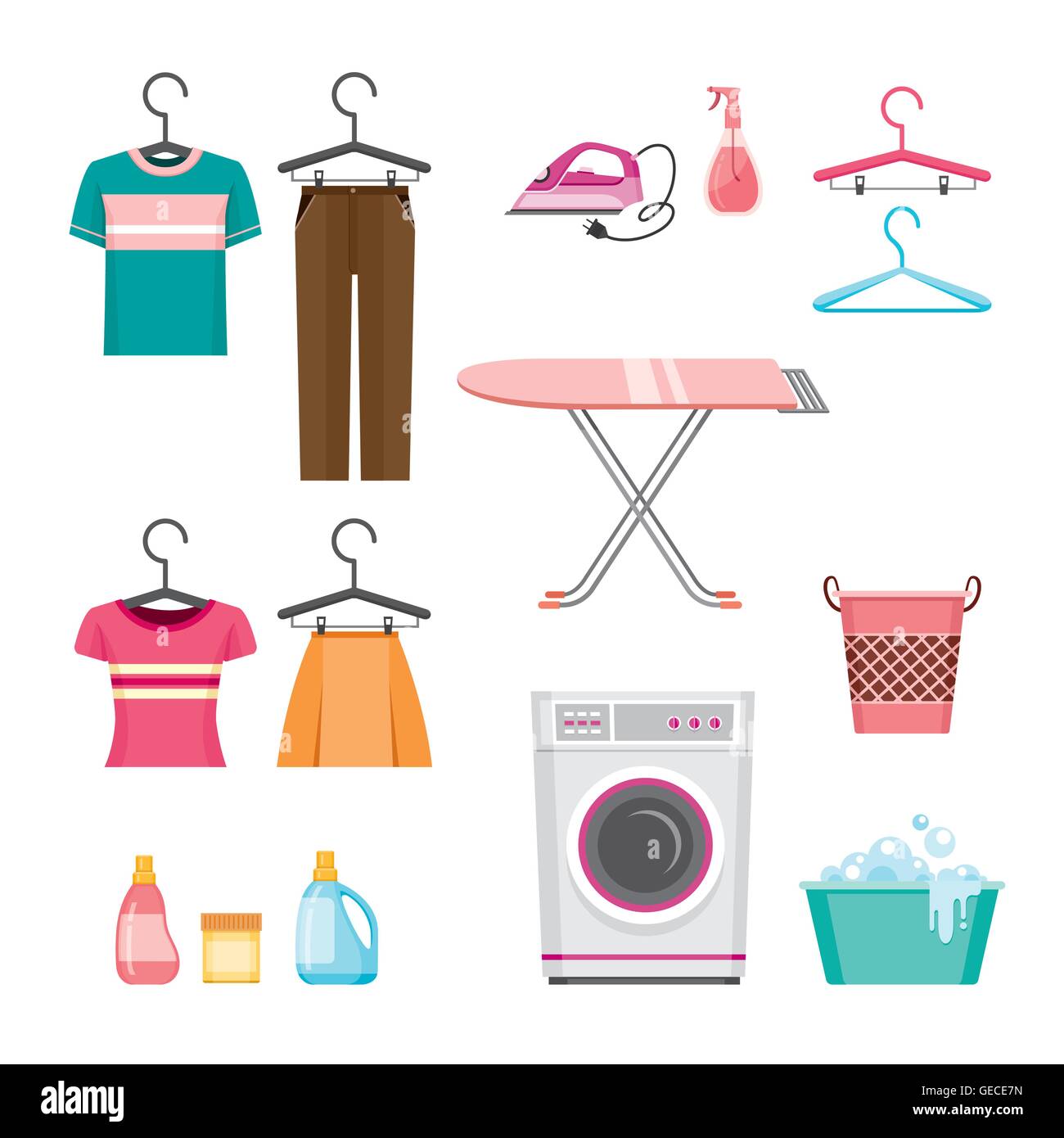 Pulizia, lavanderia set di icone, i lavori domestici, elettrodomestici, utensili domestici, icona Computer, simbolo icona impostare, stagione primavera Illustrazione Vettoriale