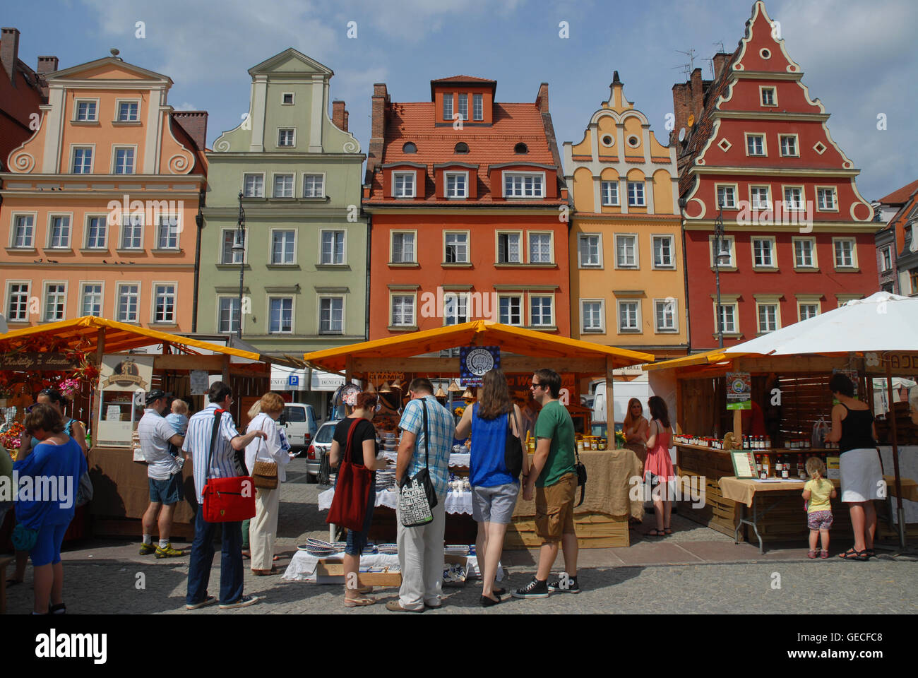Prodotti locali e artigianato Mercato, piazza Solny, Wroclaw, Slesia, Polonia. Foto Stock