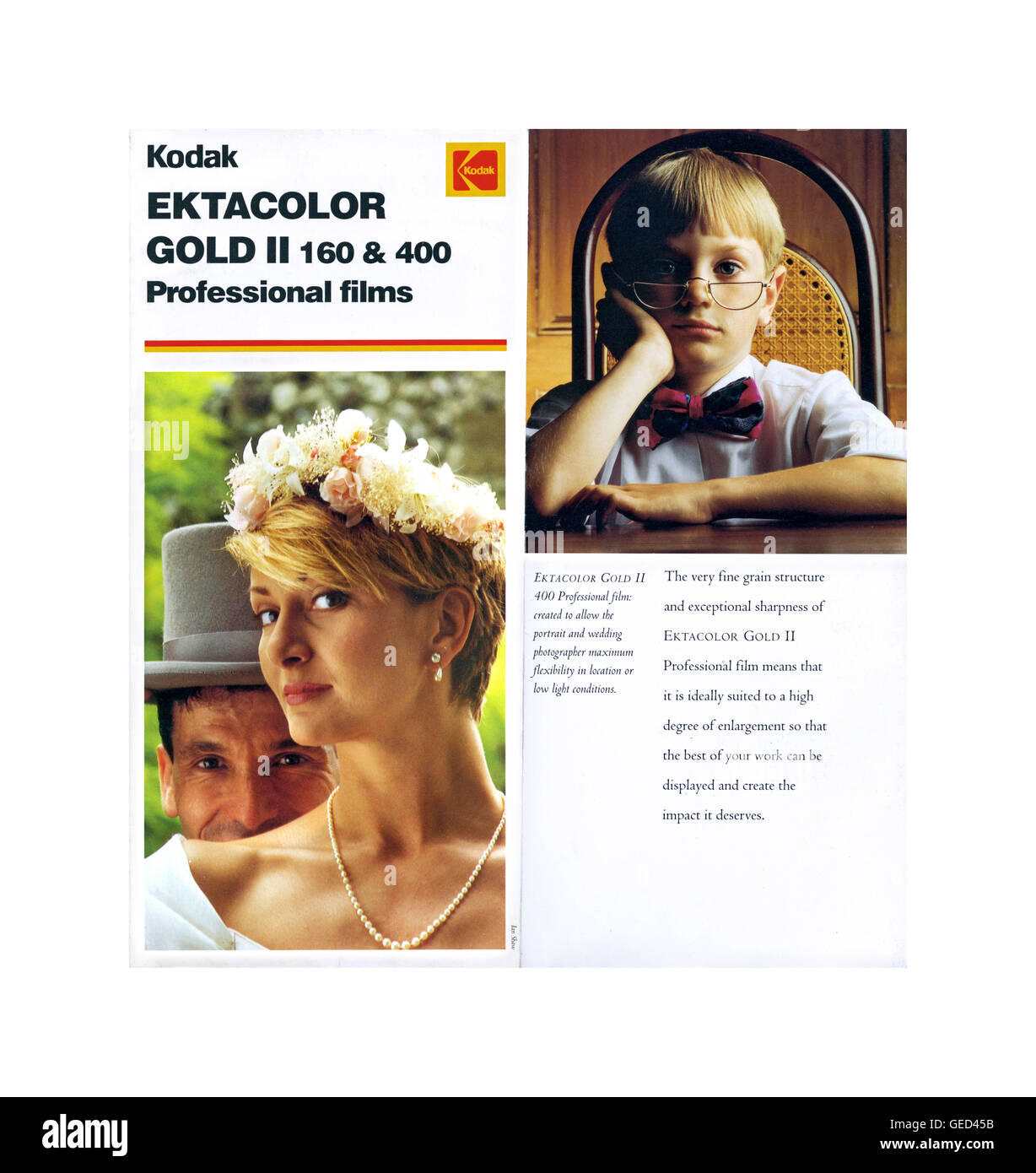 Pellicola Kodak ottanta info brochure promozionali per i fotografi professionisti che utilizza Kodak Ektacolor Oro II pellicola negativa per il sociale, Wedding, ritratti, ecc. (Immagini da Ian Shaw fotografo Kodak) Foto Stock